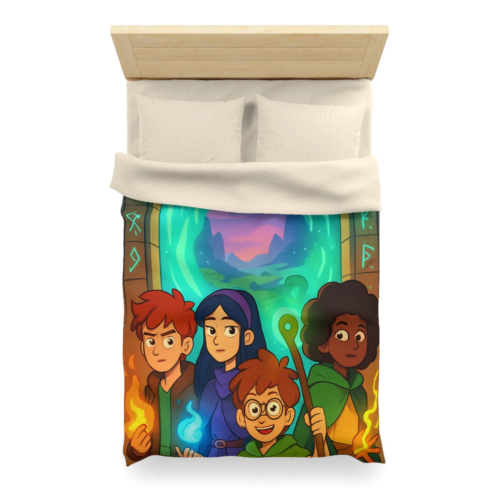 Housse de couette magique avec aventuriers devant portail et runes lumineuses