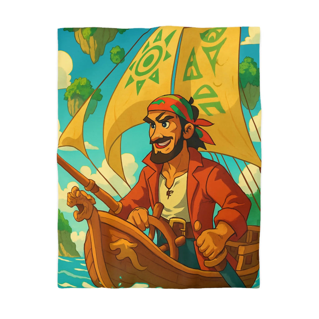 Housse de couette colorée avec pirate en bateau sur mer et îles flottantes