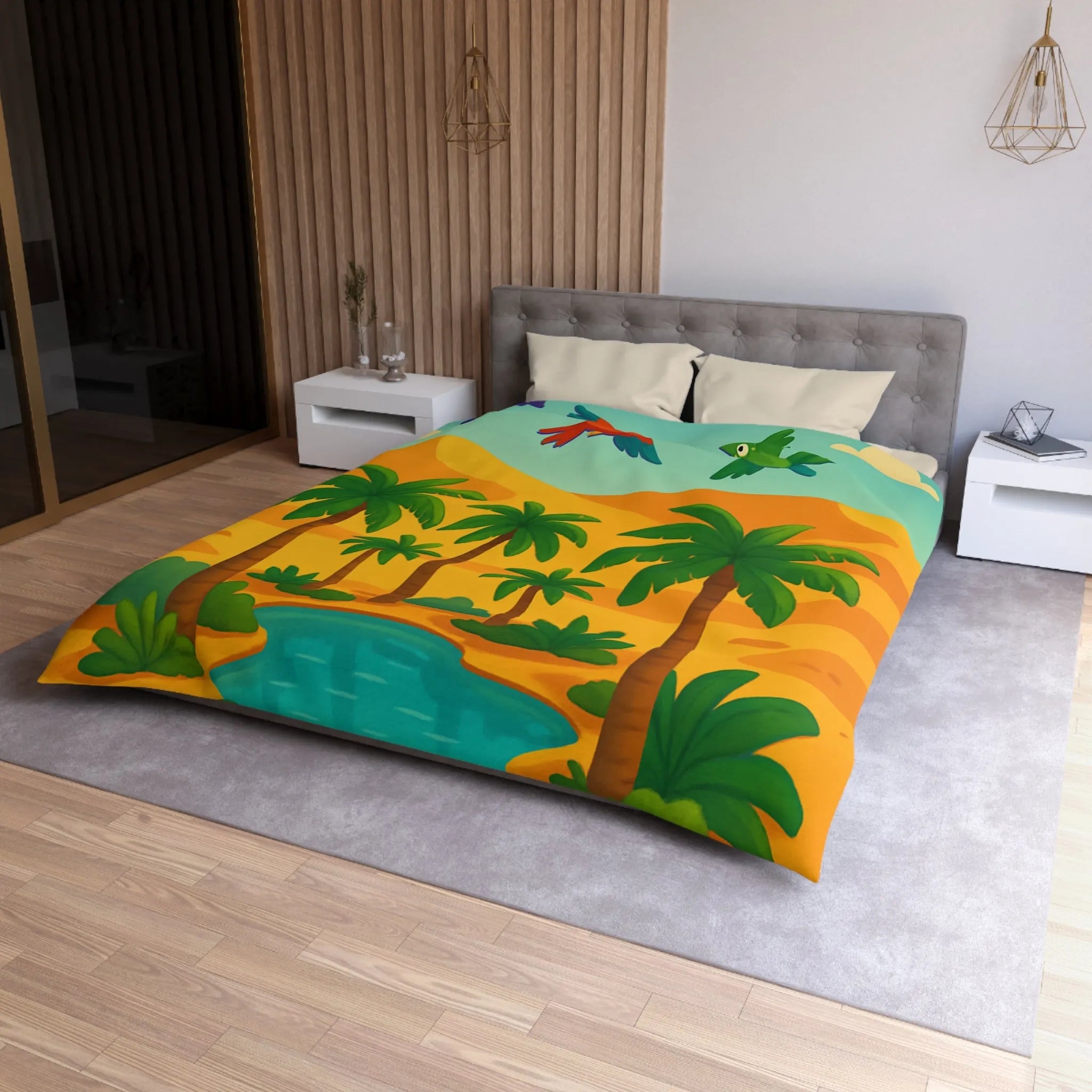 Housse de couette exotique avec palmiers, oiseaux colorés et oasis dans le désert