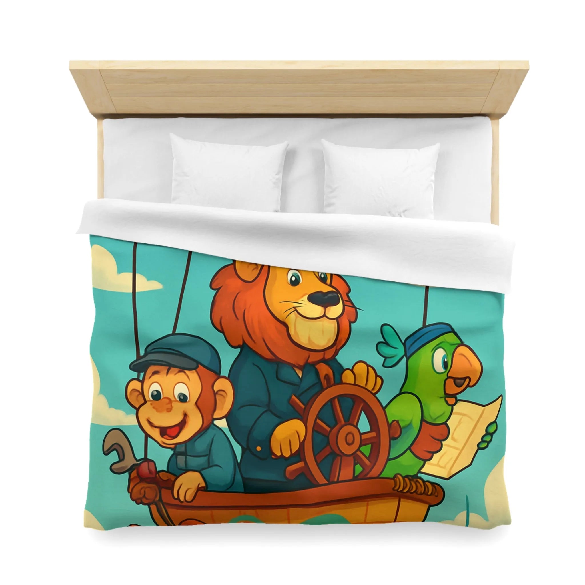 Housse de couette enfant avec montgolfière lion, singe, perroquet colorée et joyeuse