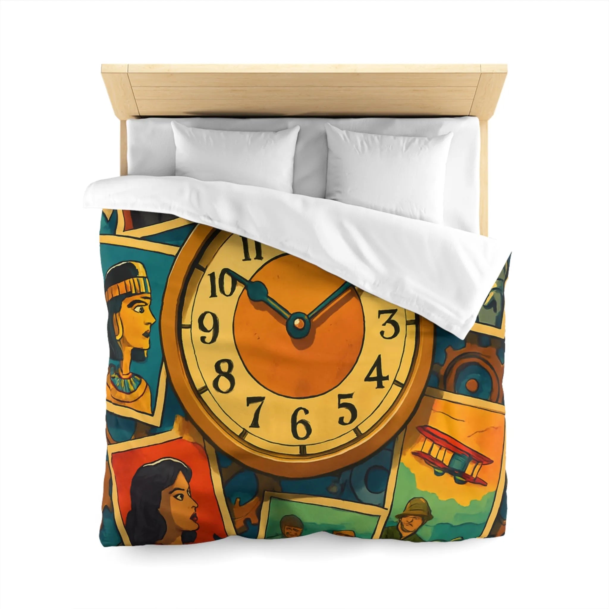 Housse de couette illustrant l'histoire colorée avec des figures emblématiques du temps et de l'espace