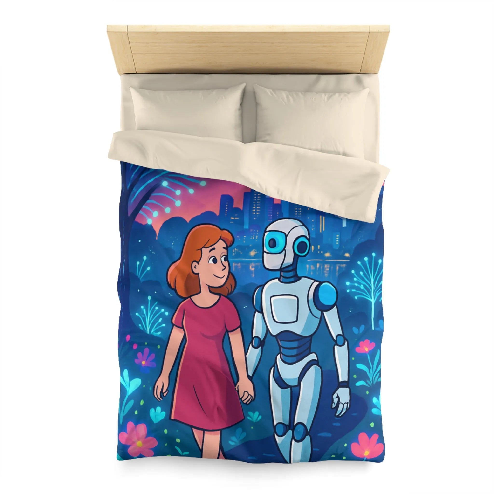 Housse de Couette Enchantée: Enfant et Robot dans un Univers Coloré et Futuriste