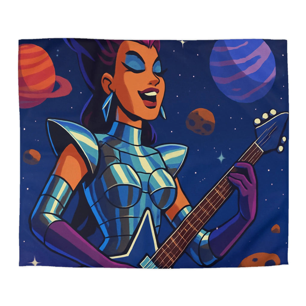 Housse de couette espace cosmique avec musicienne extraterrestre jouant de la guitare étoilée