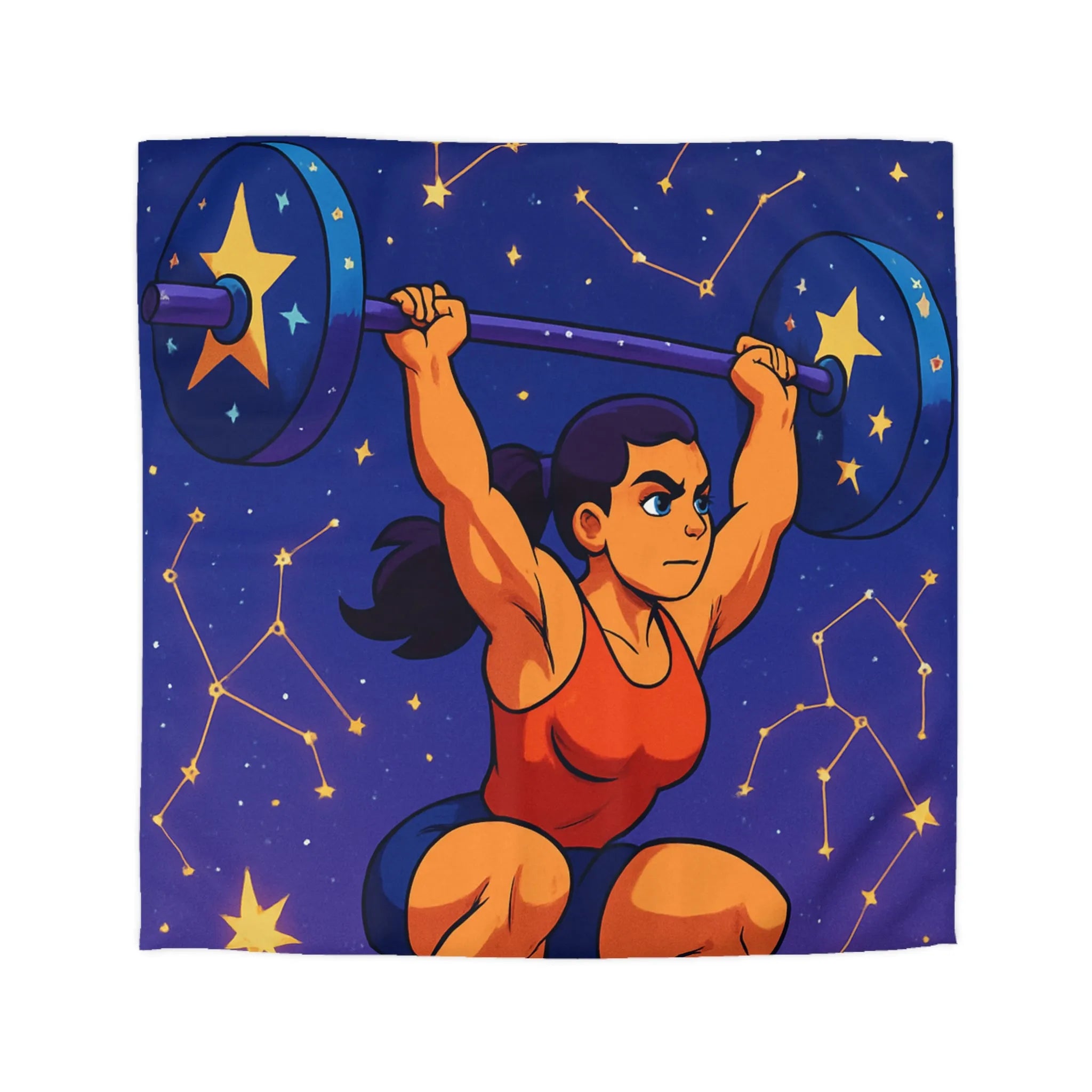 Housse de Couette Athlétique Femme Soulevant Poids Sous Ciel Étoilé et Constellations