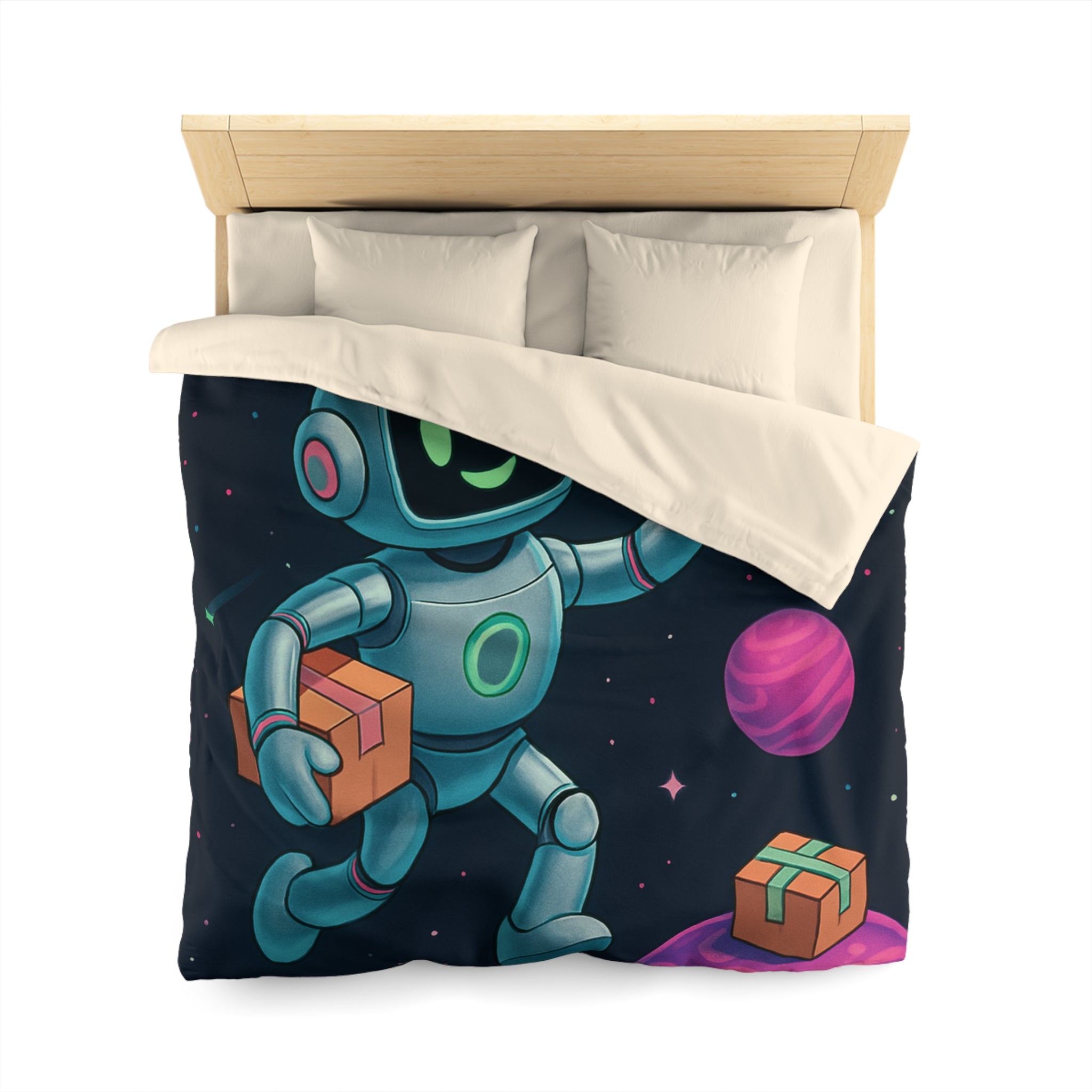 Housse de Couette Spatiale avec Robot Jovial et Planètes Colorées pour Enfants