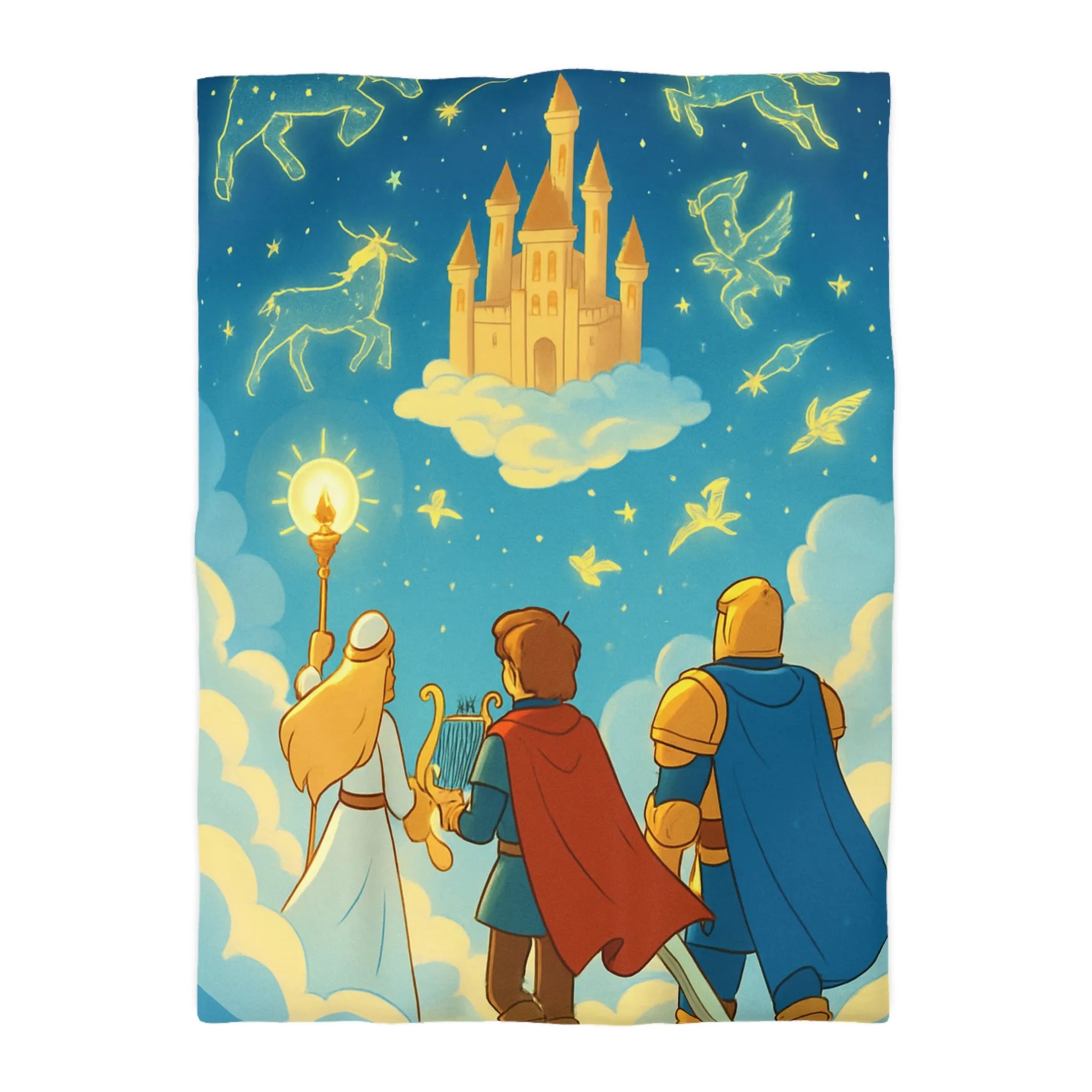 Housse de couette illustrée avec château magique et constellation céleste féerique pour enfants