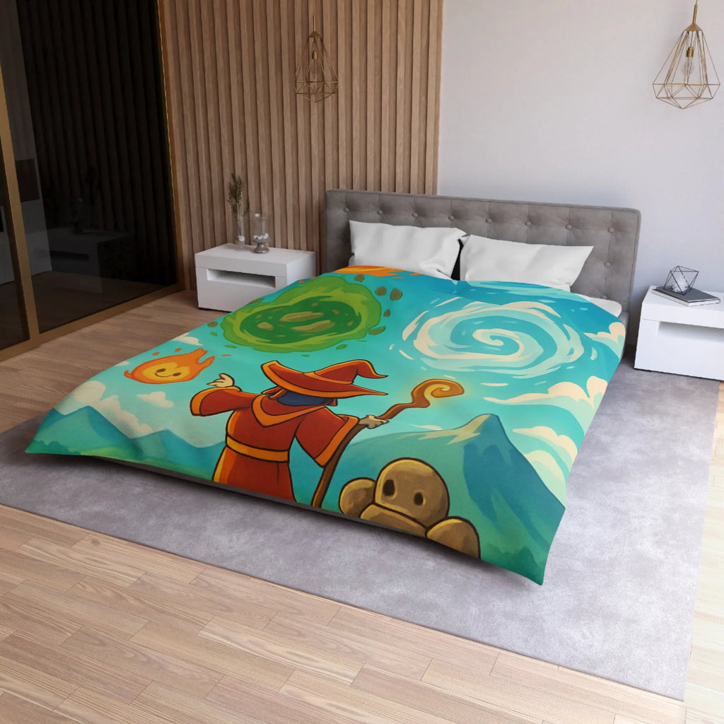 Housse de couette avec illustration magique de sorcier, élémentaires et paysage vibrant