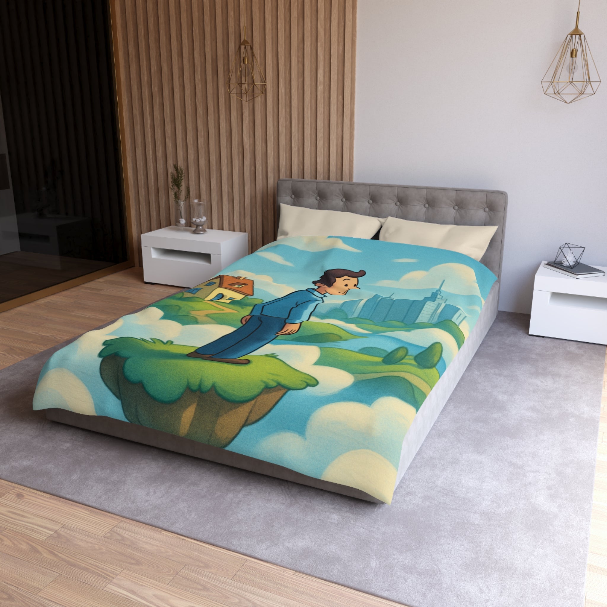 Illustration de rêve serein de paysage flottant avec personnage et ville éloignée