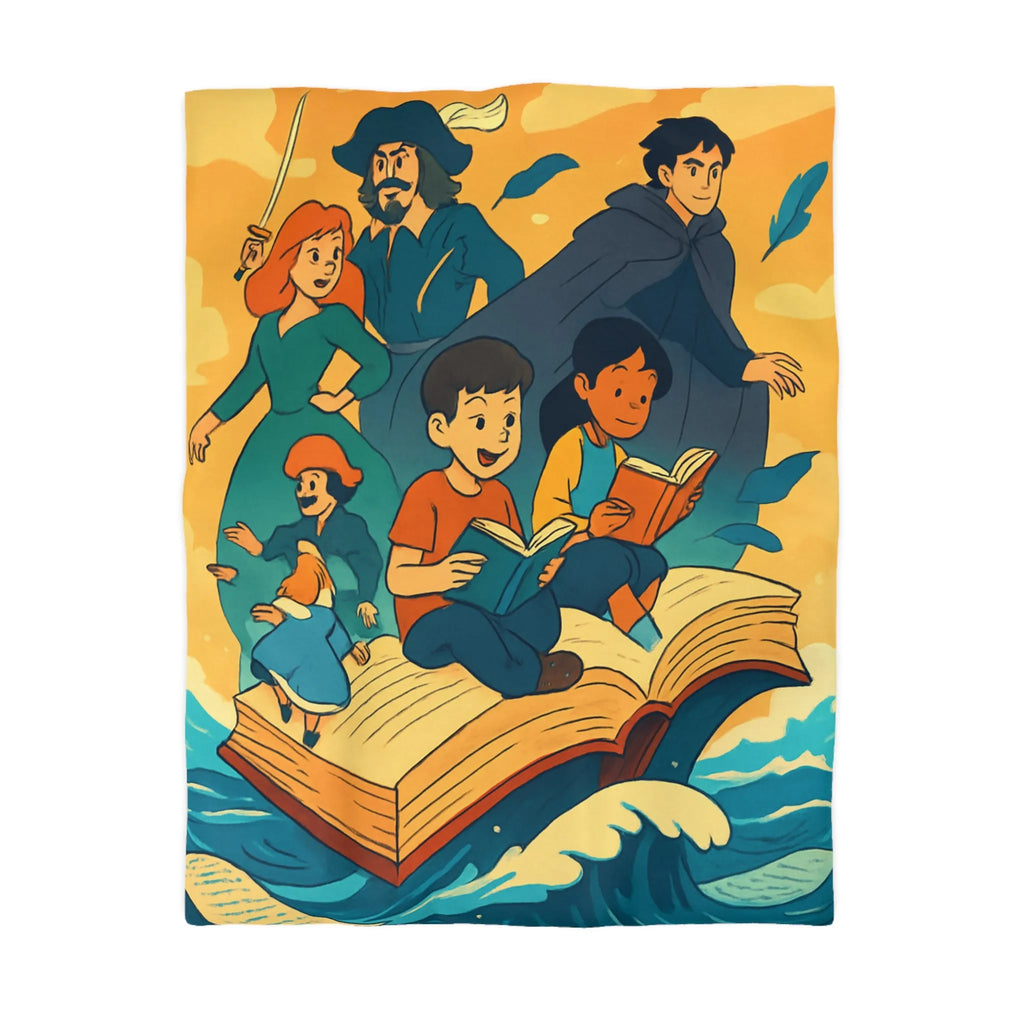 Housse de couette enfant rêve fantastique avec livre, vagues et personnages imaginaires