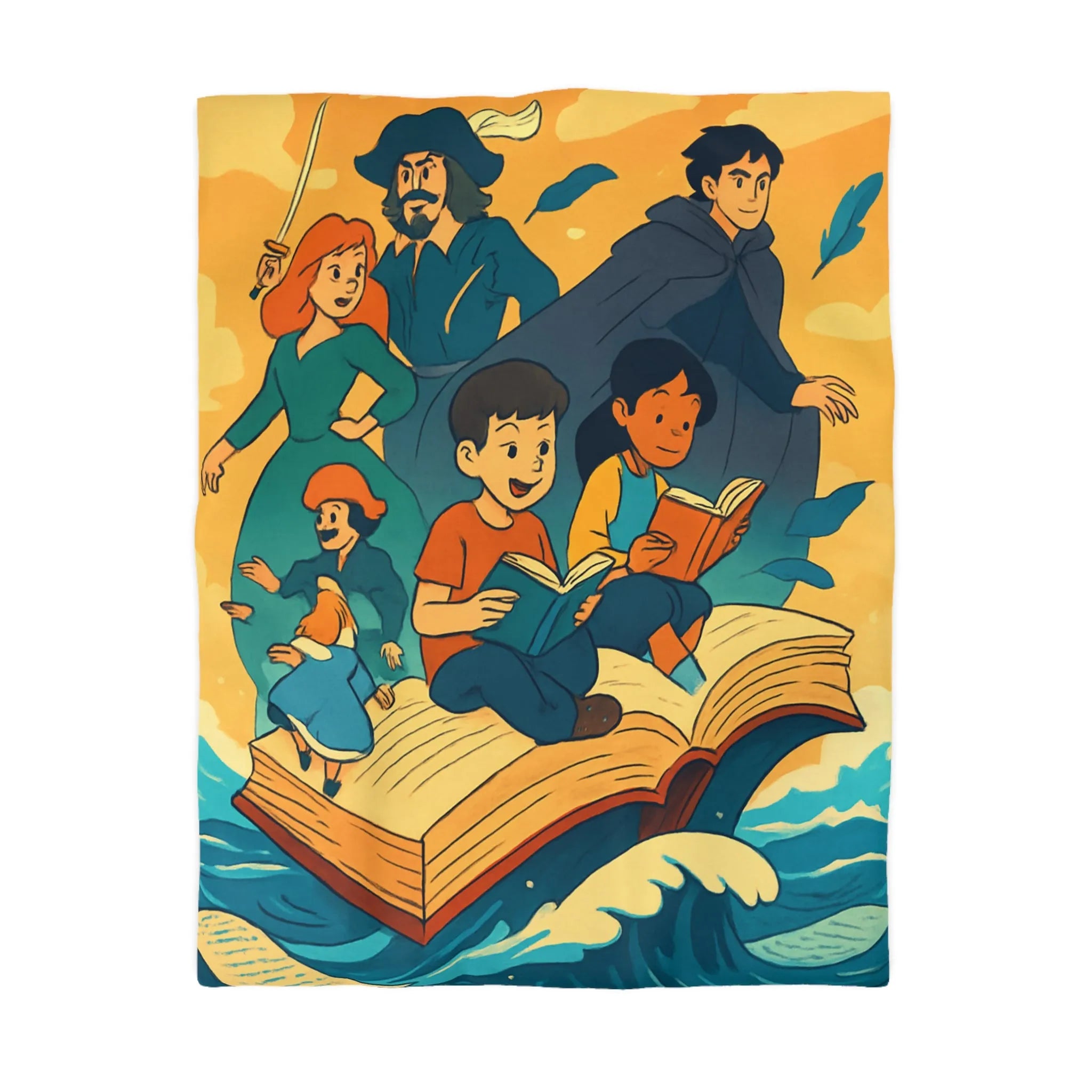 Housse de couette enfant rêve fantastique avec livre, vagues et personnages imaginaires