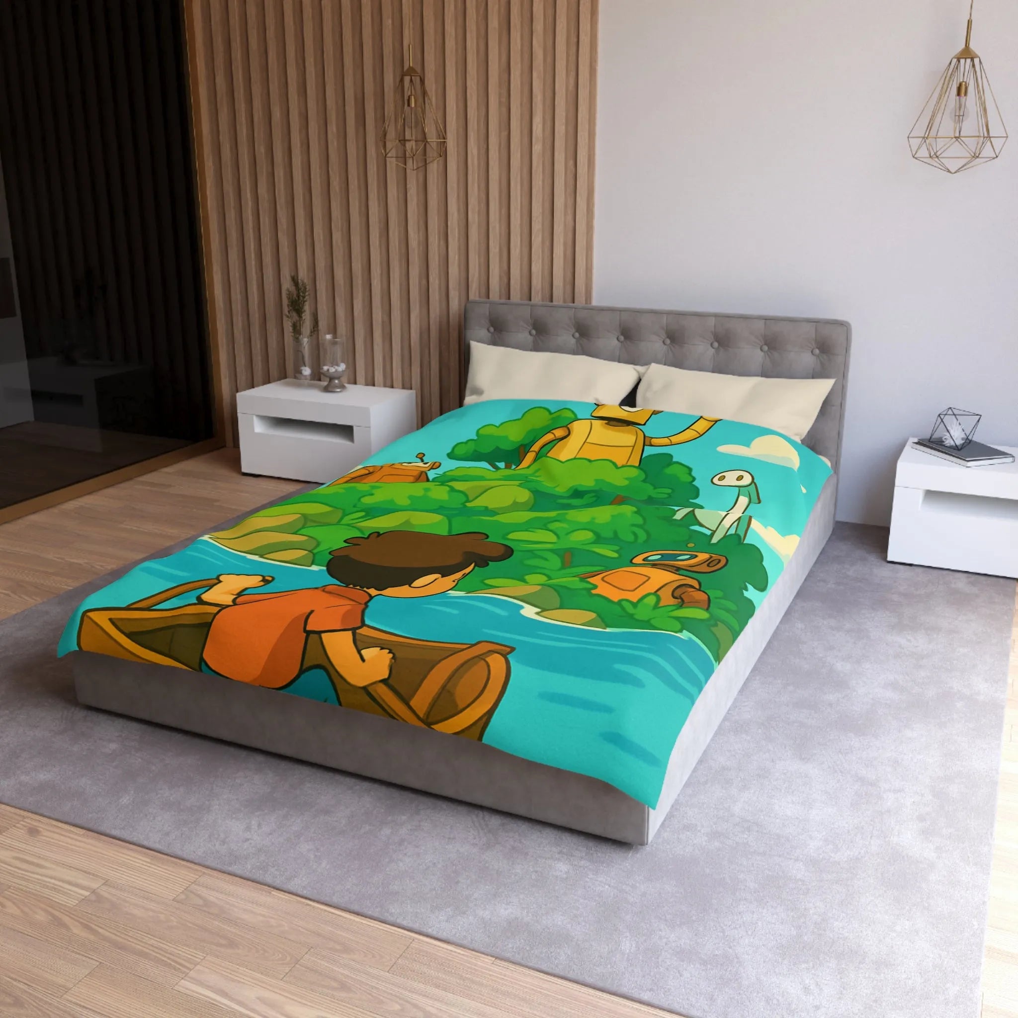 Housse de couette avec robots ludiques et enfant en bateau sur lac serein