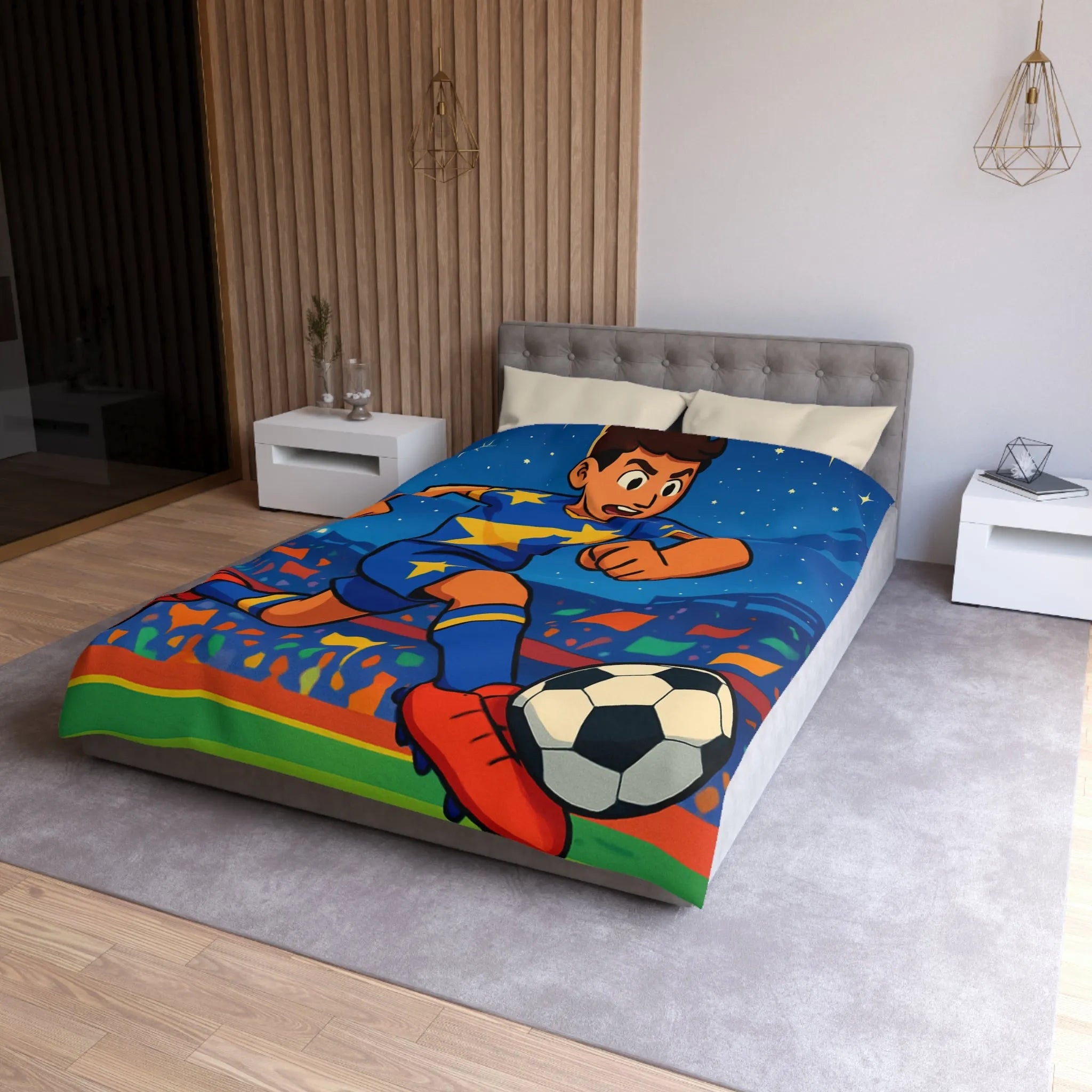 Housse de couette colorée avec joueur de football en action sous ciel étoilé