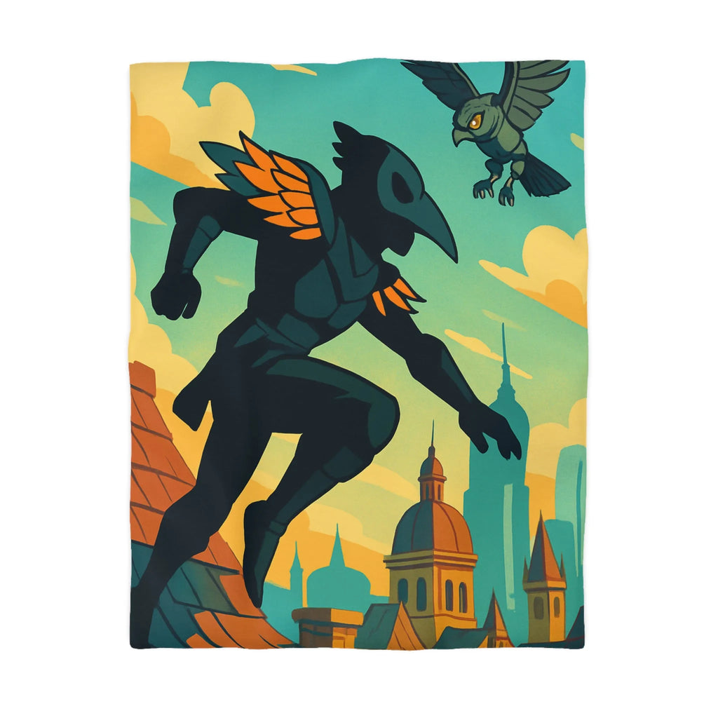 Housse de couette artistique avec silhouette et oiseau sur un toit urbain animé