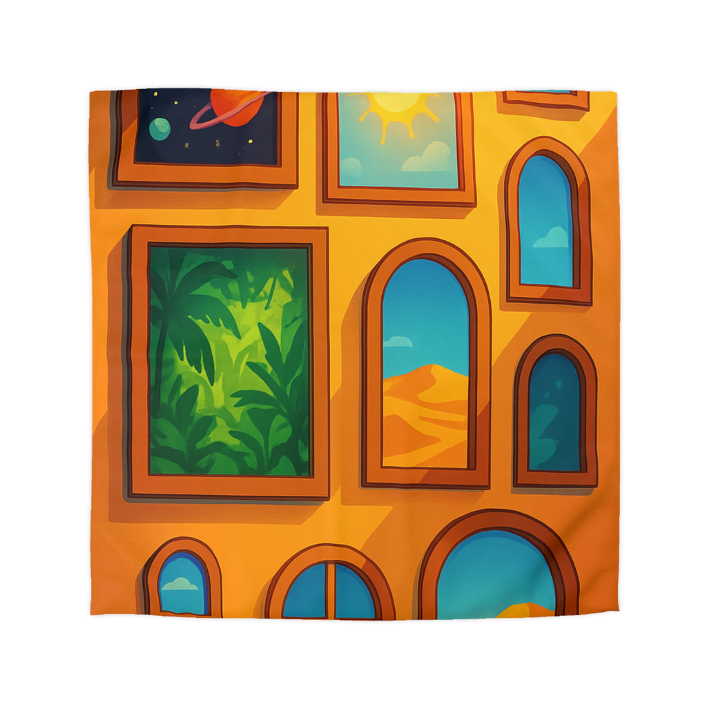 Housse de couette vibrante avec fenêtres sur l'univers et paysages exotiques