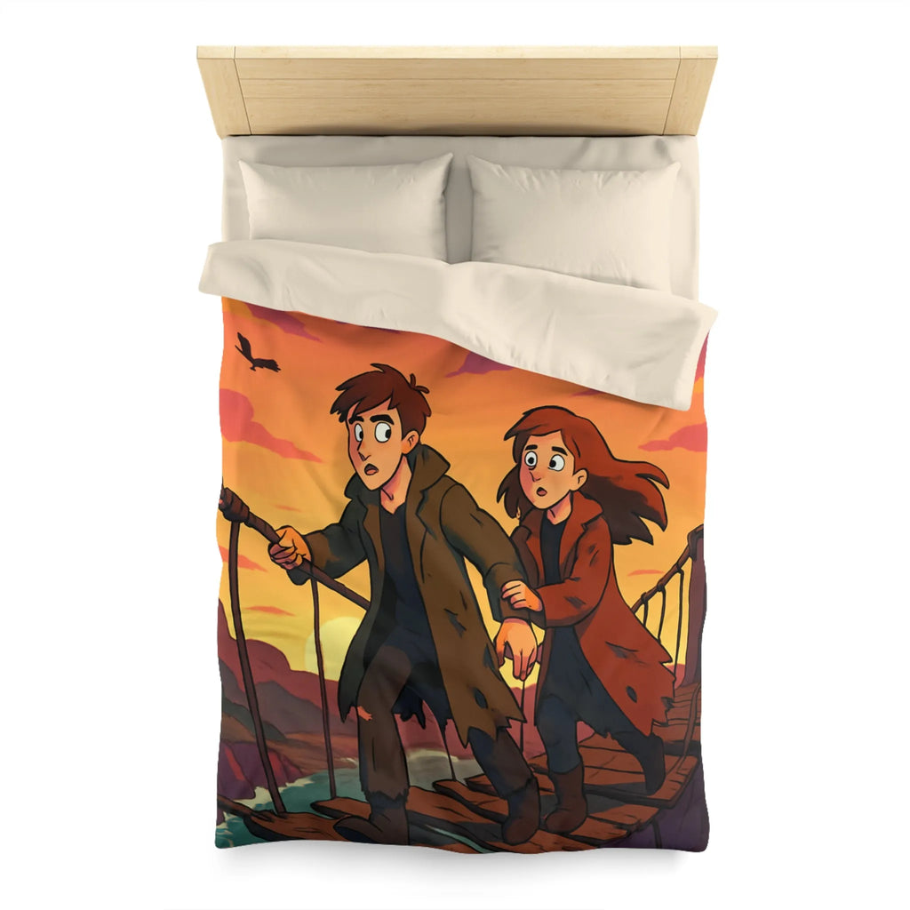 Housse de couette avec pont suspendu et ciel orange au coucher du soleil