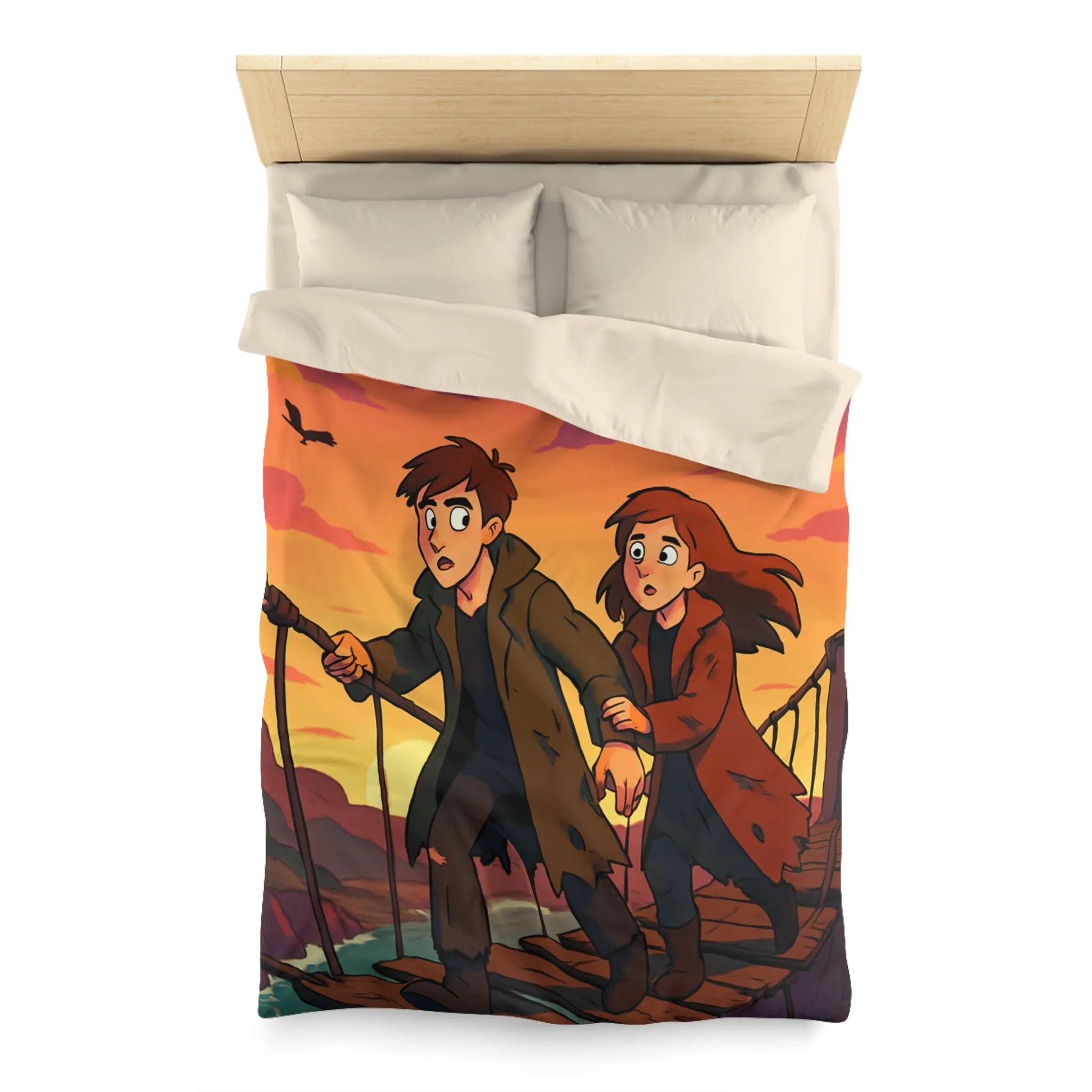 Housse de couette avec pont suspendu et ciel orange au coucher du soleil