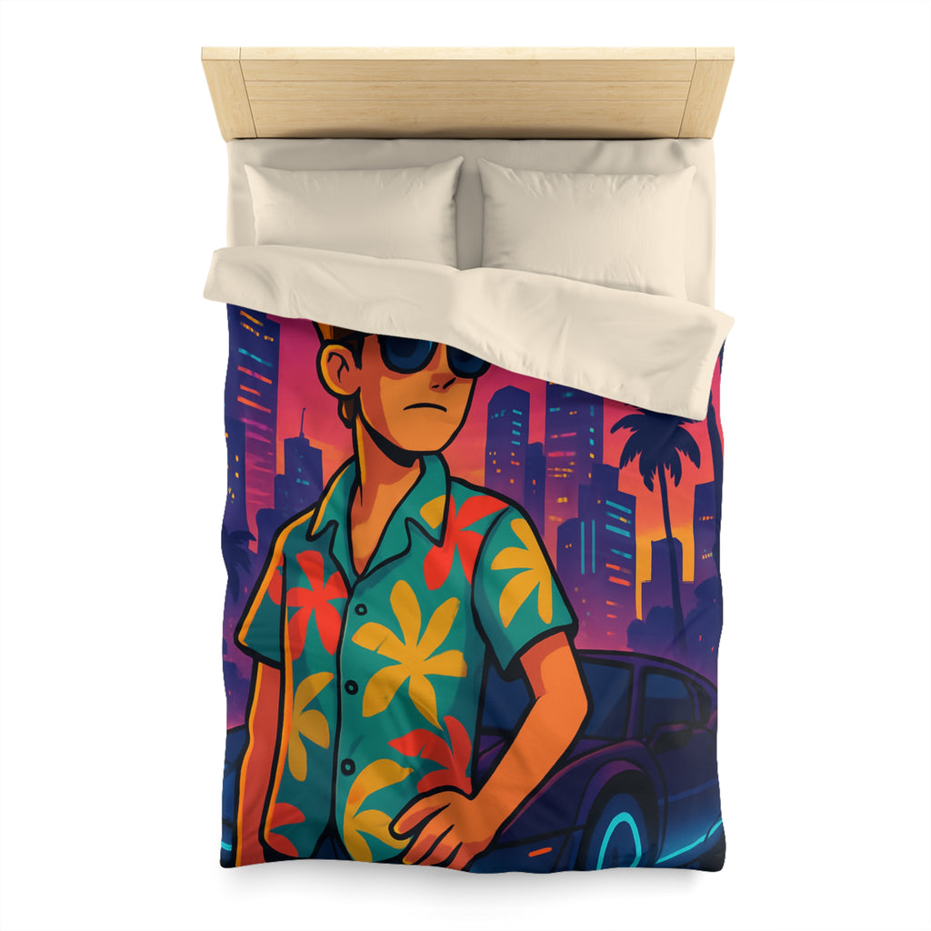 Housse de Couette Style Rétro avec Design Urbain et Palmiers au Crépuscule