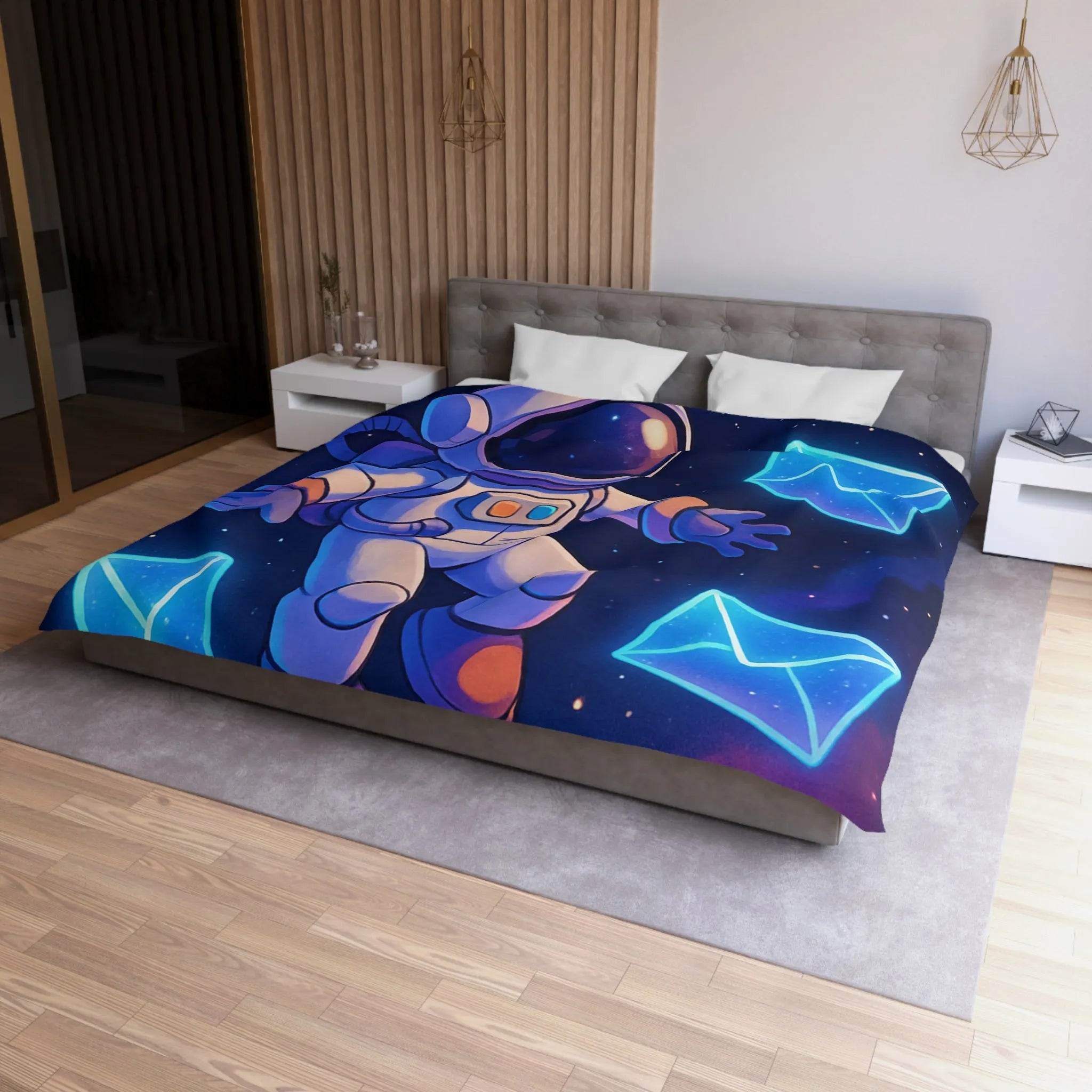 Housse de Couette Astronaute Flottant dans l'Espace avec Enveloppes et Planète Colorée