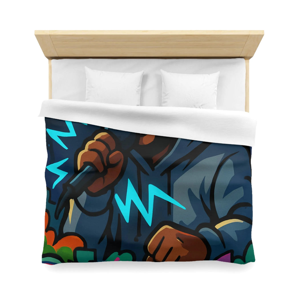 Housse de couette avec artiste hip-hop en hoodie et graffitis colorés de rue