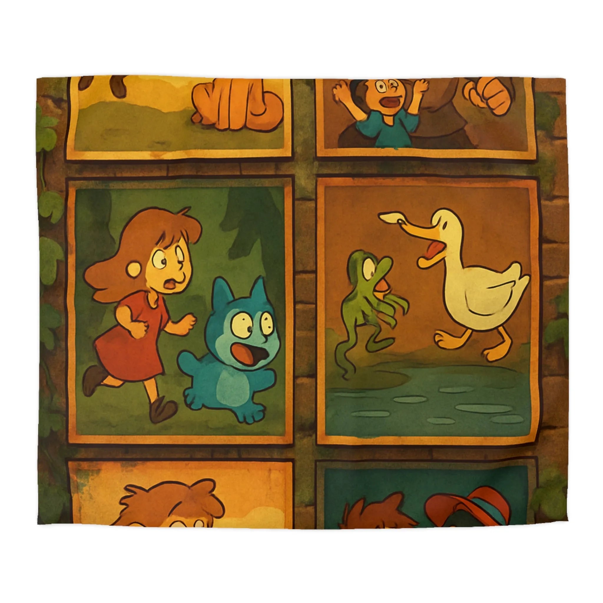 Housse de couette illustrée de scènes animées animalières et humaines ludiques et colorées