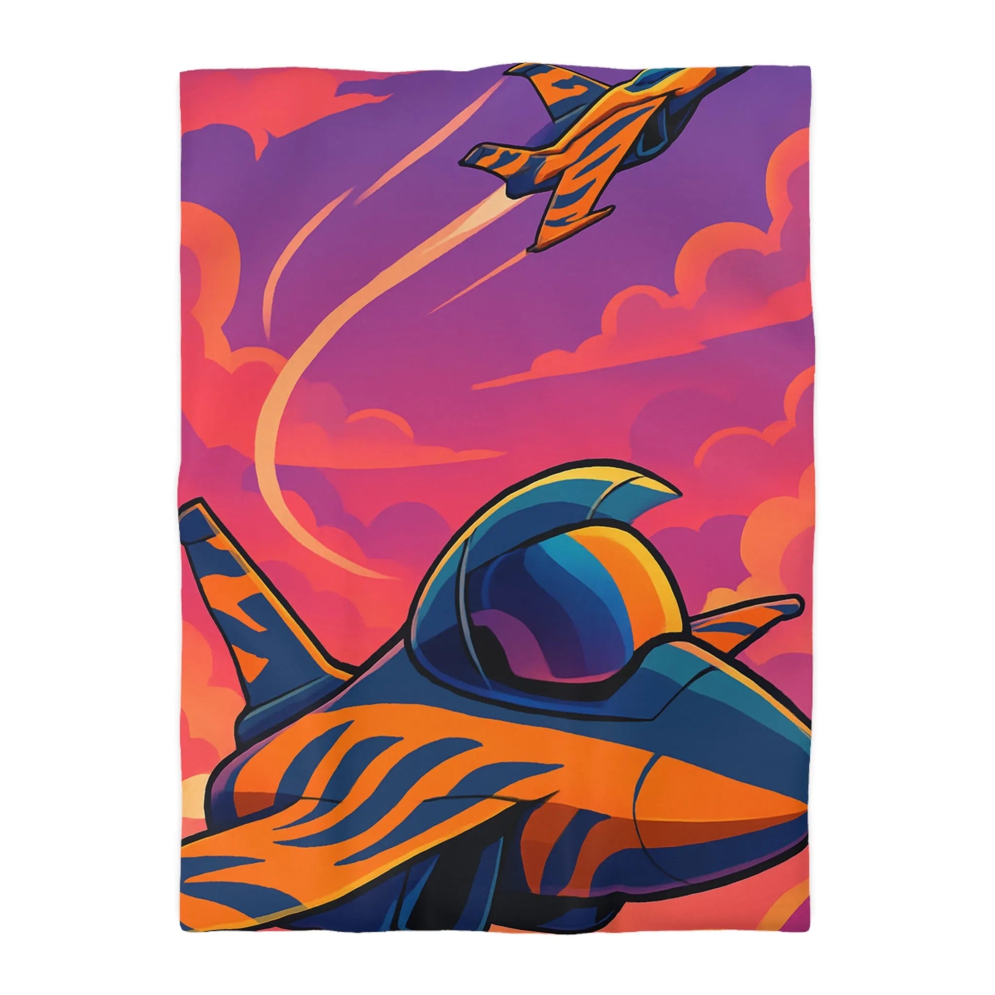 Housse de couette avec motifs de jets colorés volant dans un ciel vibrant