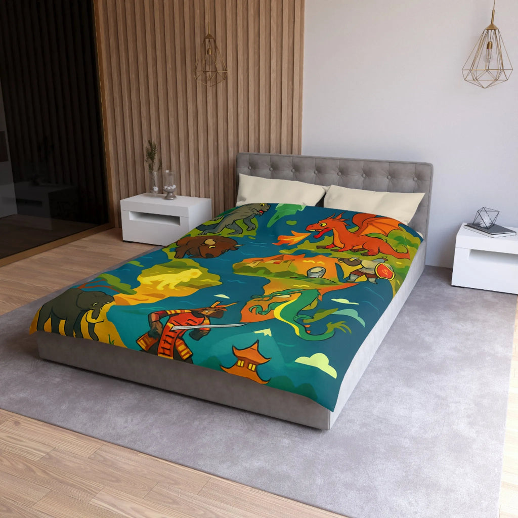 Housse de couette épique avec dragons, samouraïs et créatures légendaires au style coloré.