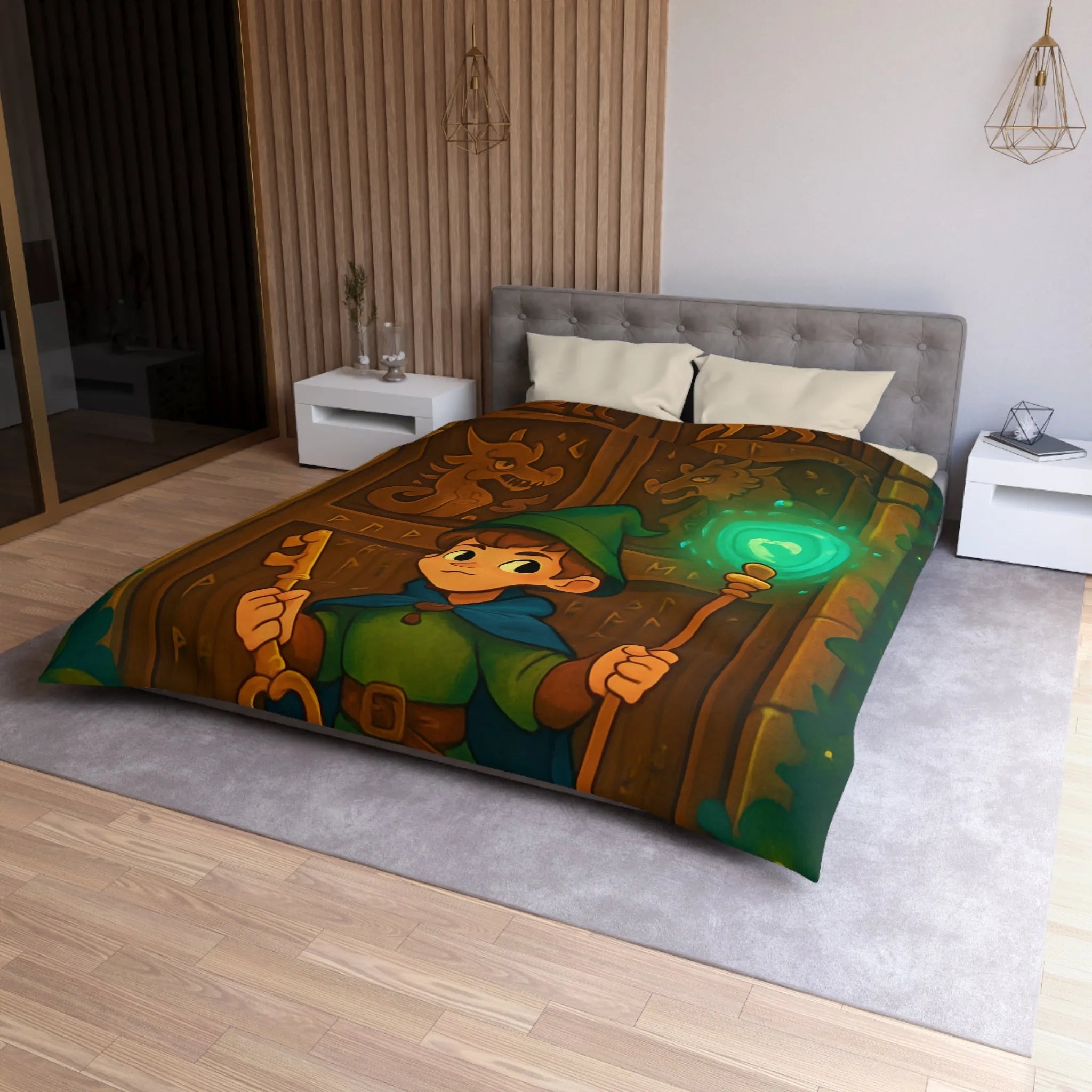 Housse de couette avec illustration enchantée de sorcier devant porte mystérieuse boisée