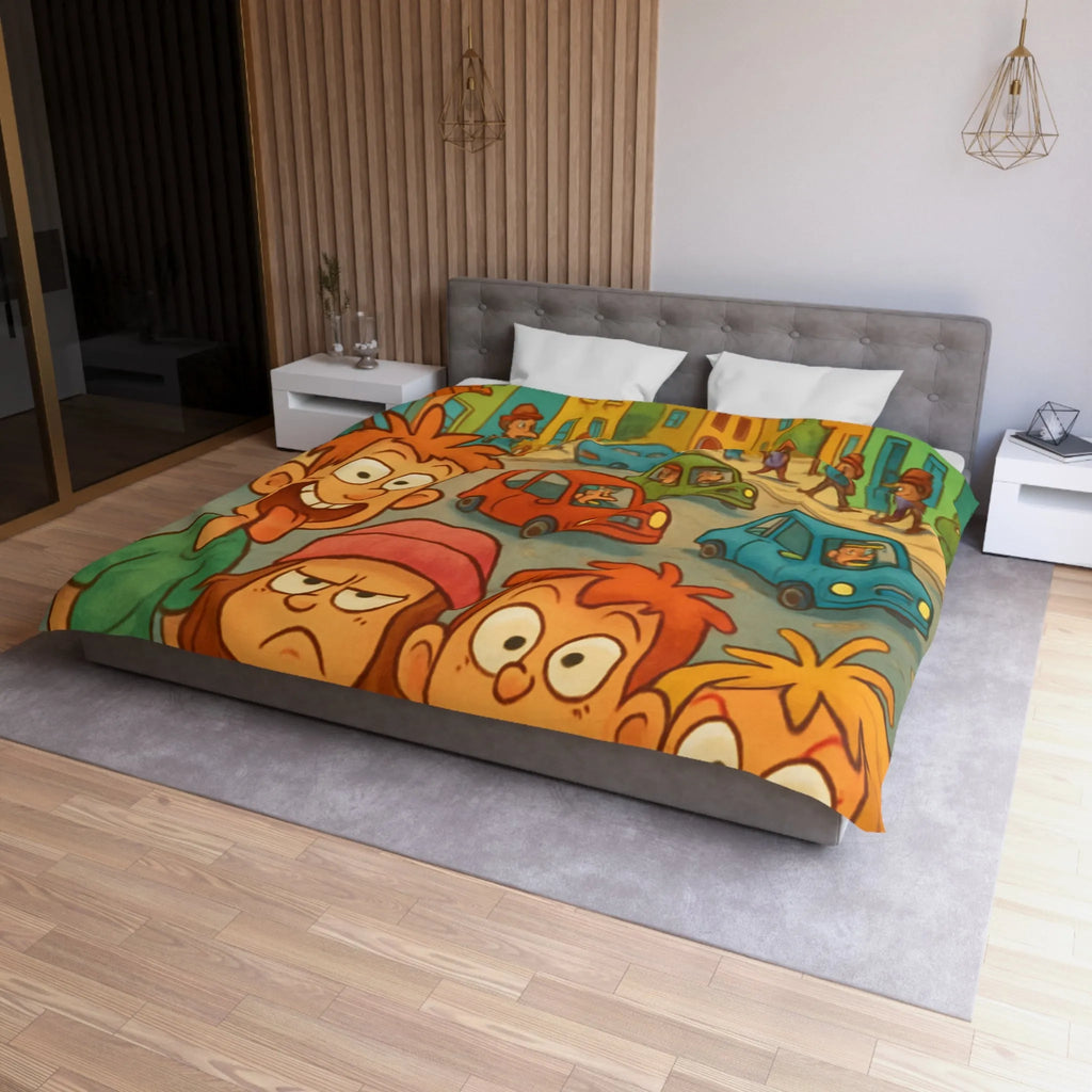 Housse de couette enfants joyeuse ville animée avec personnages colorés et expressions vives