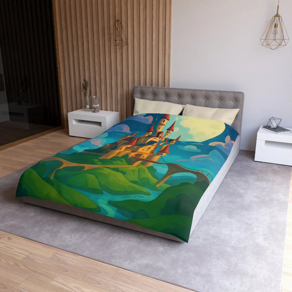 Housse de couette château féerique illuminé par la lune dans un paysage enchanteur nocturne