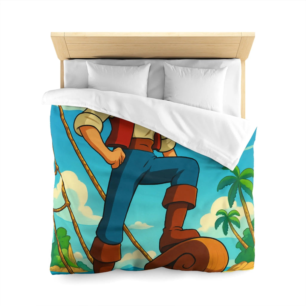 Housse de couette avec illustration de marin aventurier naviguant parmi palmiers et mer azur