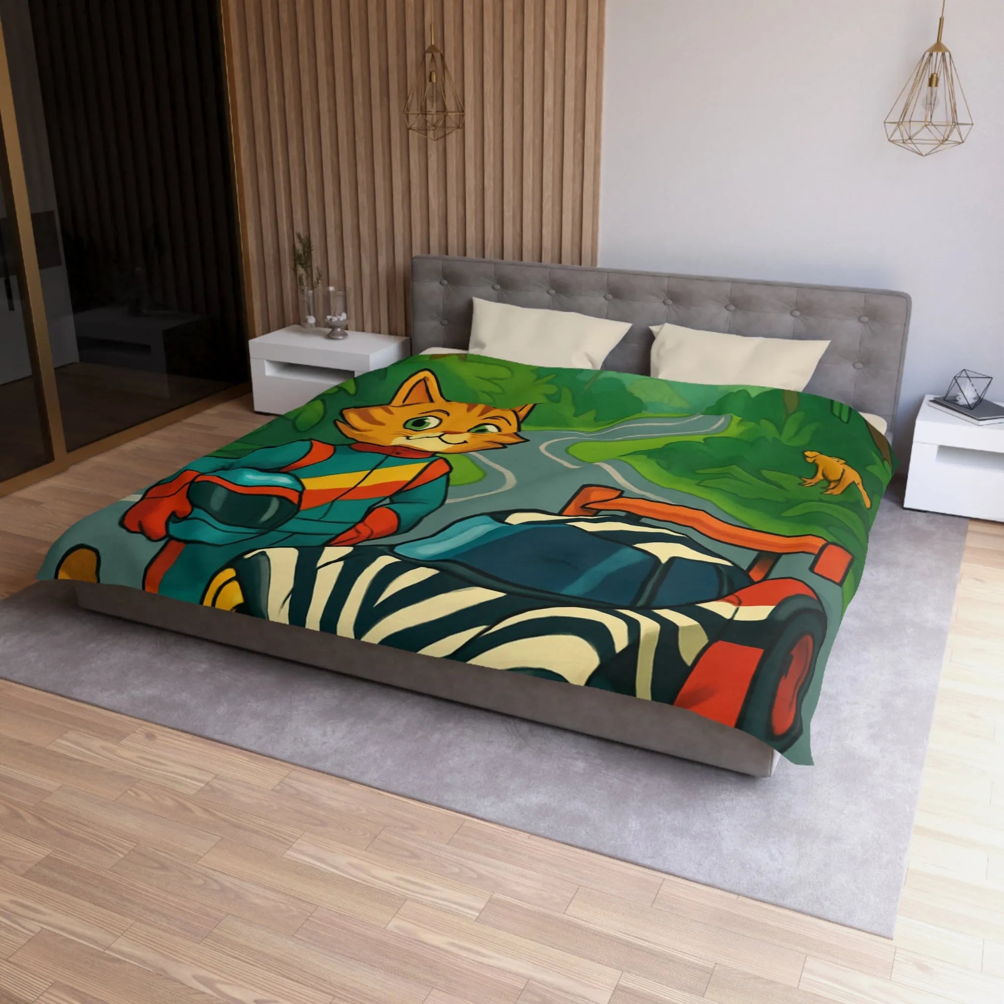 Housse de couette illustrée avec pilote chat, voiture zébrée et jungle luxuriante