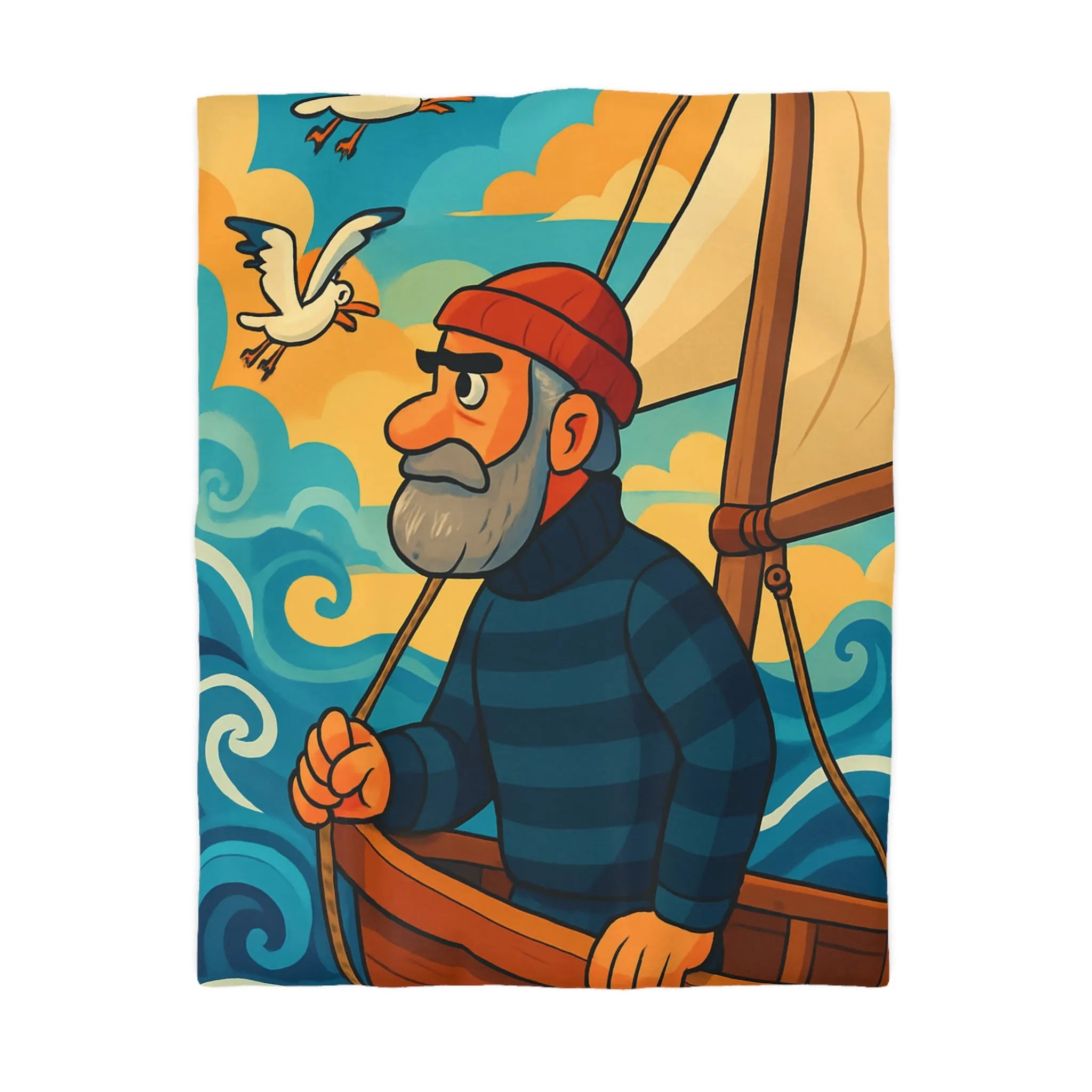 Housse de couette marin colorée avec voilier, mouettes et vagues pour décoration océanique