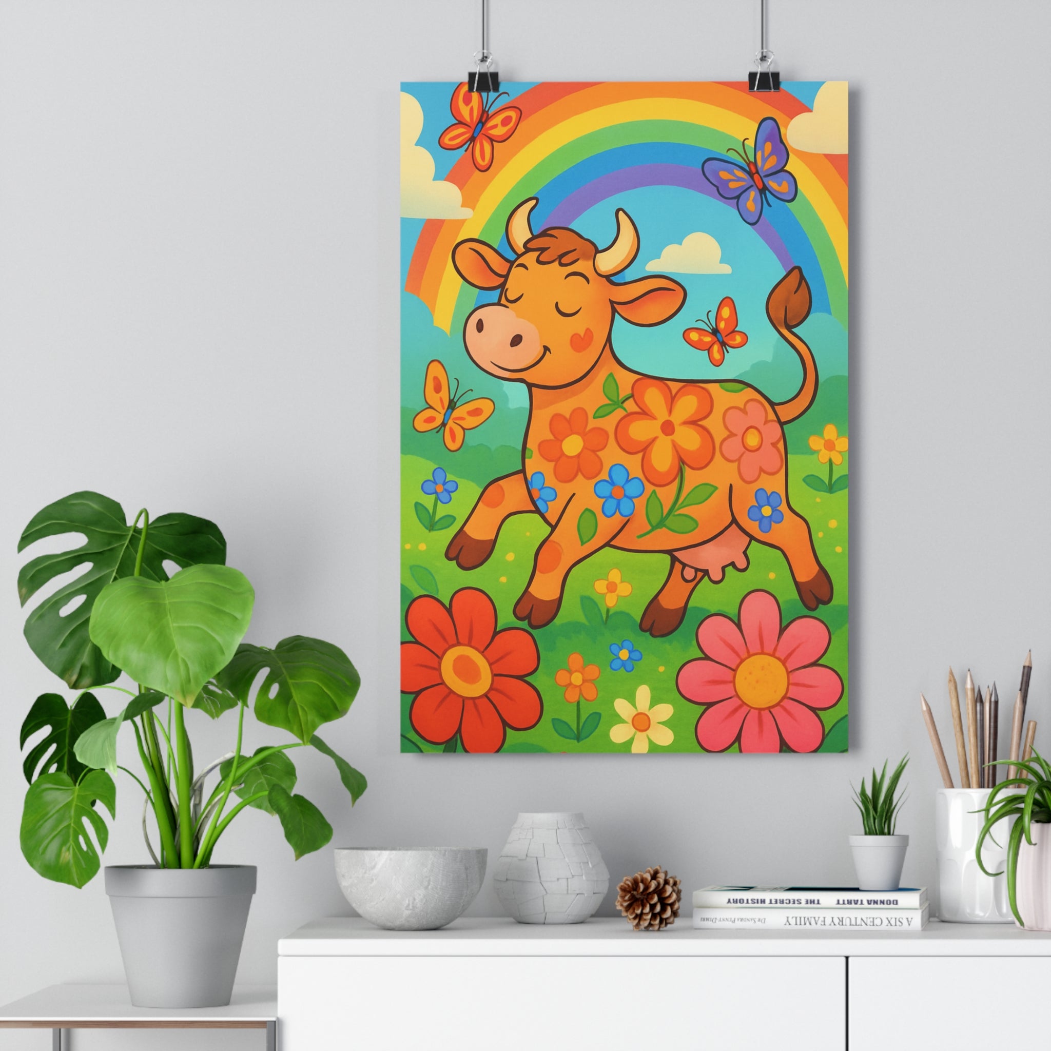 Poster décoratif cartoon joyeux coloré vache enfant fleur papillon arcenciel chambre 30x46 magique qualité