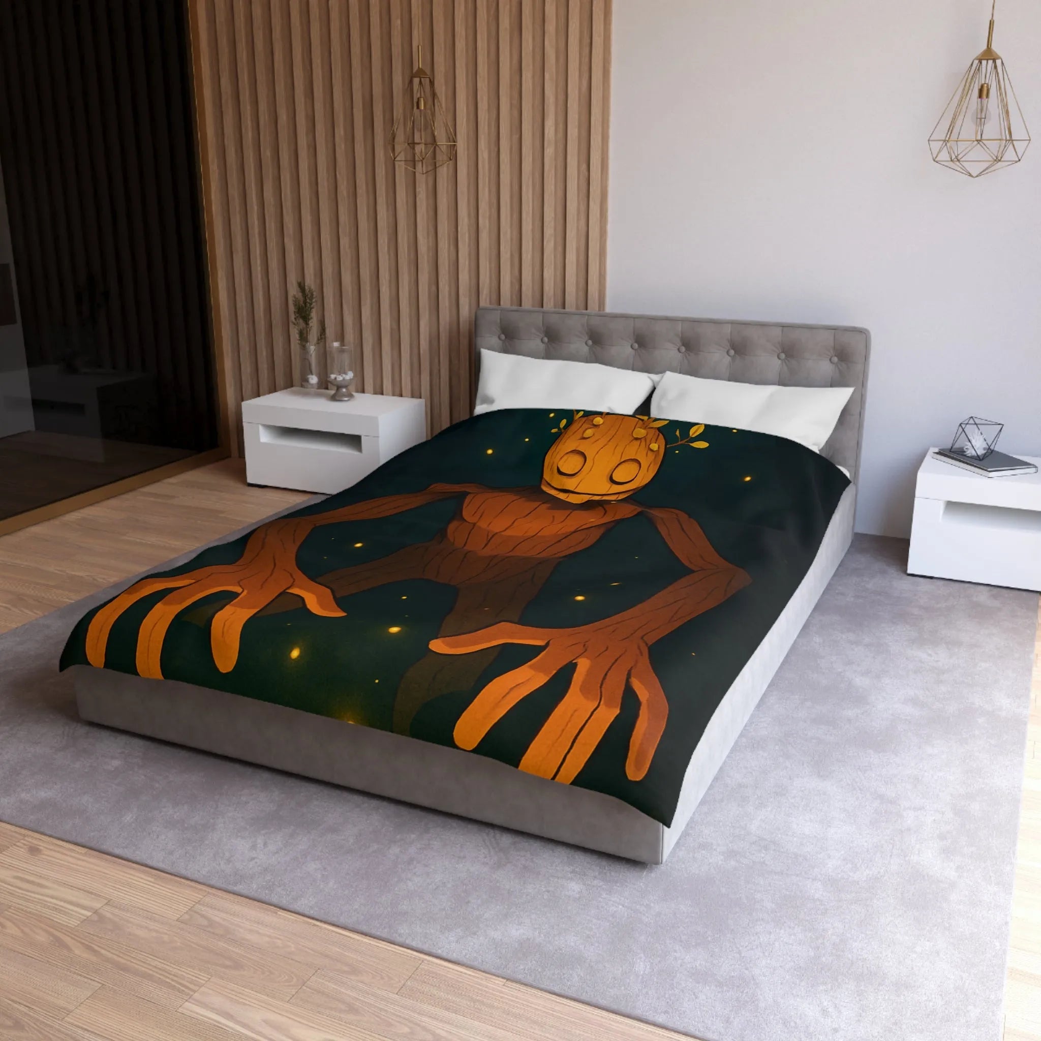 Chambre imaginative avec housse de couette créature mystique enchantée dans forêt lumineuse