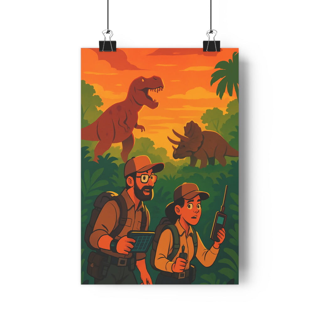 Poster décoratif aventure jungle rétrofuturiste orange vert explorateurs chambre bureau dynamique captivant ambiance qualité
