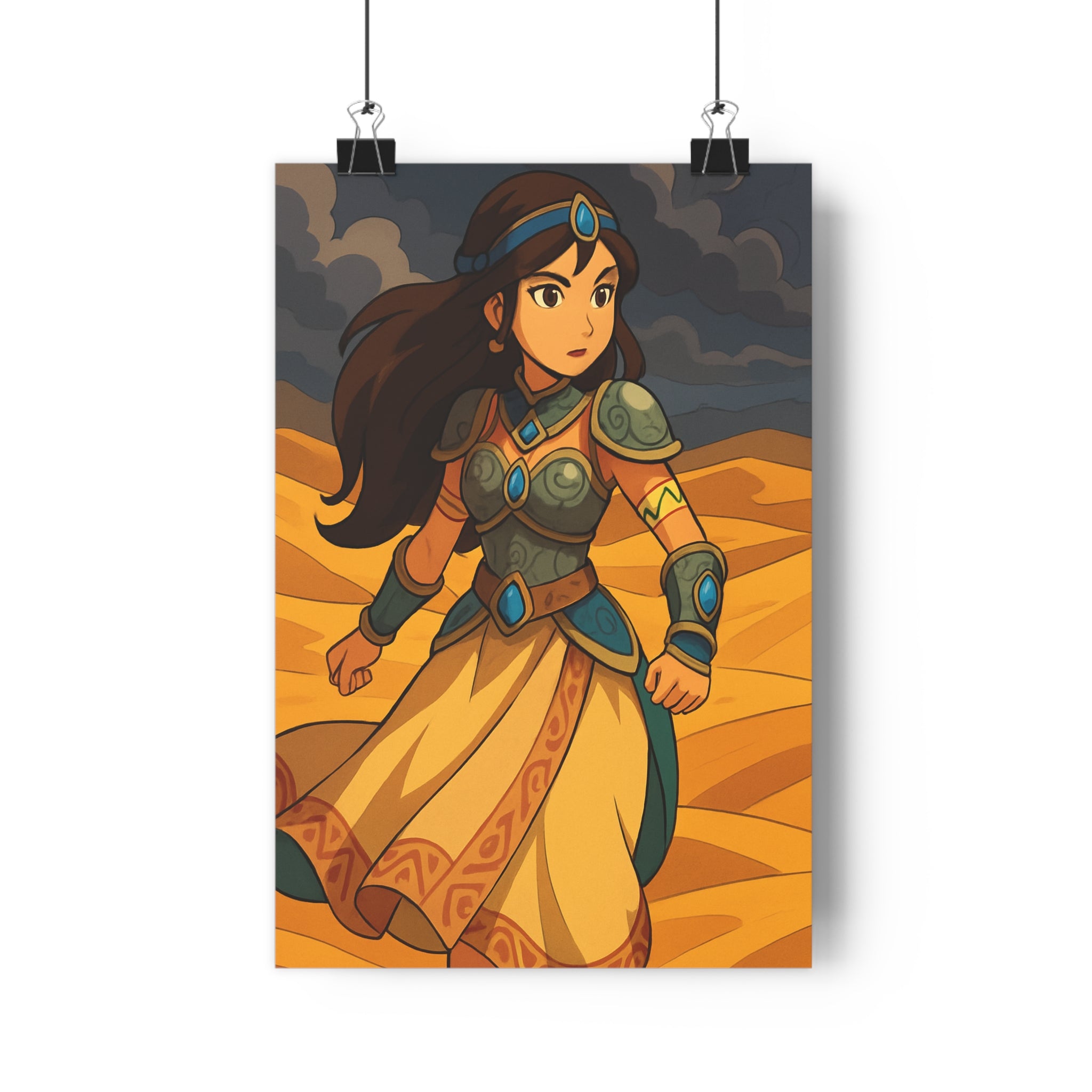 Poster décoratif guerrière désert doré épique aventure chambre salon moderne couleurs contrastées élégance armure