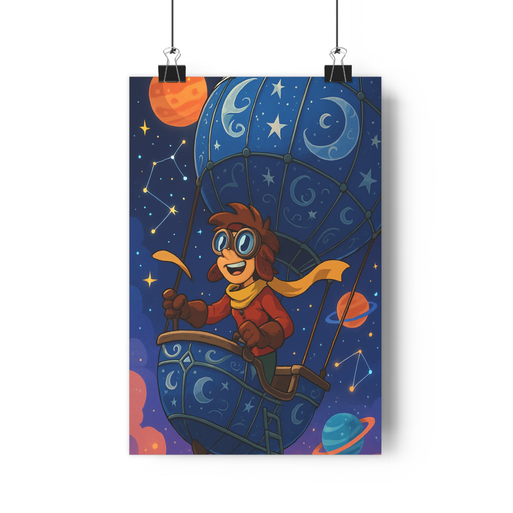 Poster décoratif cartoon bleu orange aventure ciel étoilé enfant chambre explorateur montgolfière dessin animé