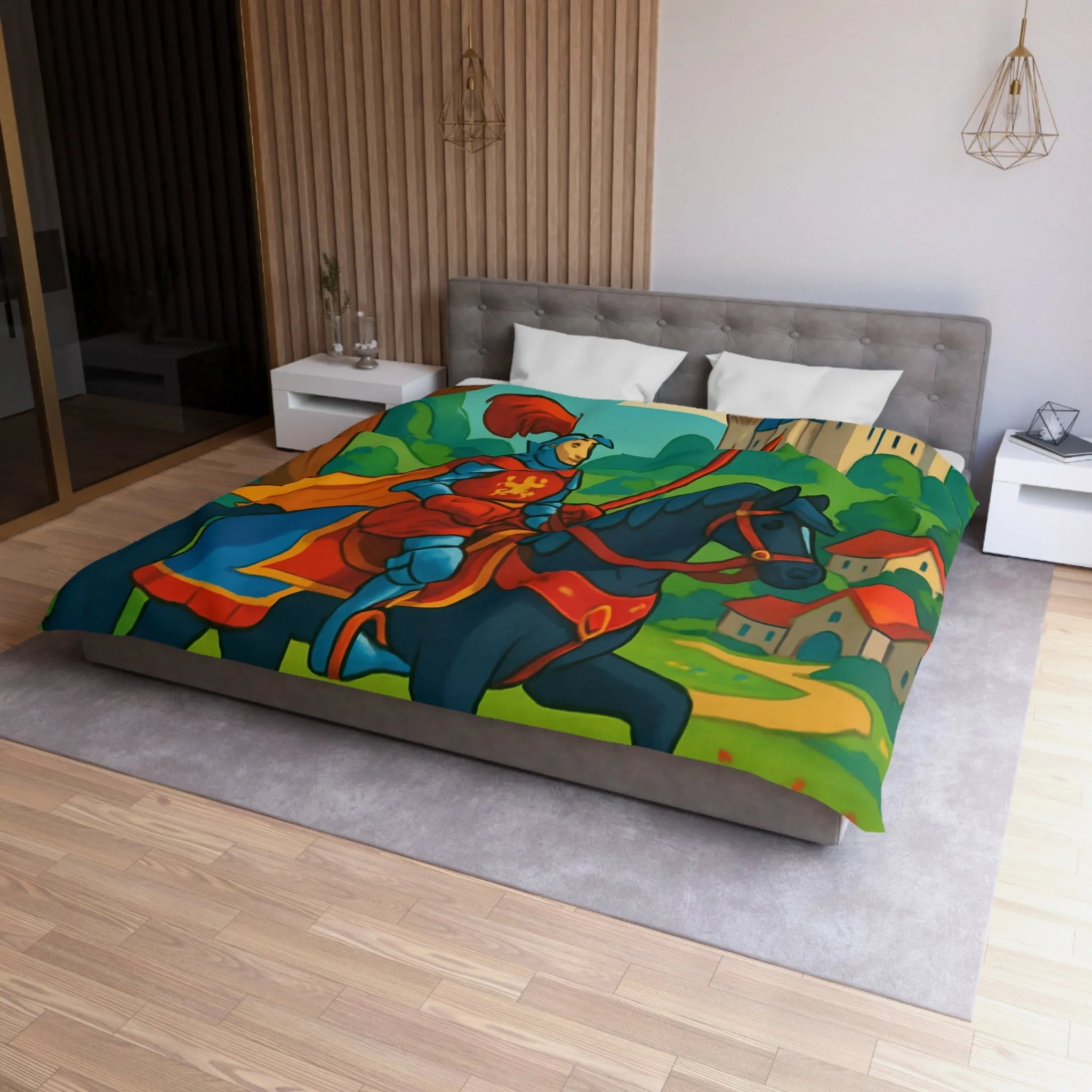 Housse de couette chevalier médiéval illustrée avec château et paysage floral vibrant