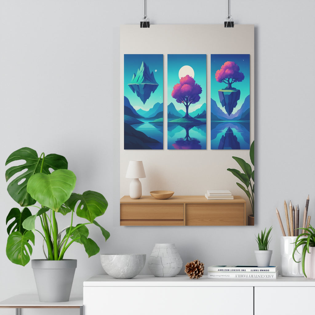 Poster décoratif surréaliste minimaliste coloré paysage montagne arbre lune salon design élégant qualité premium