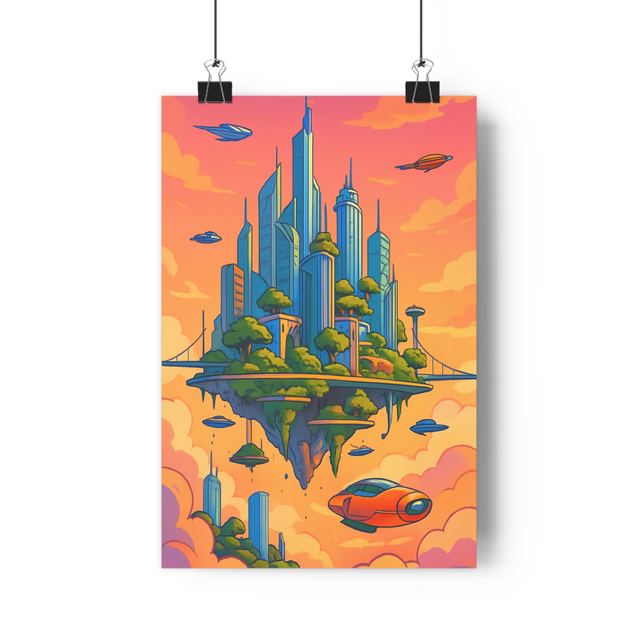 Poster décoratif futuriste cartoon bleu orange aérien onirique salon chambre 30x46 moderne tendance unique