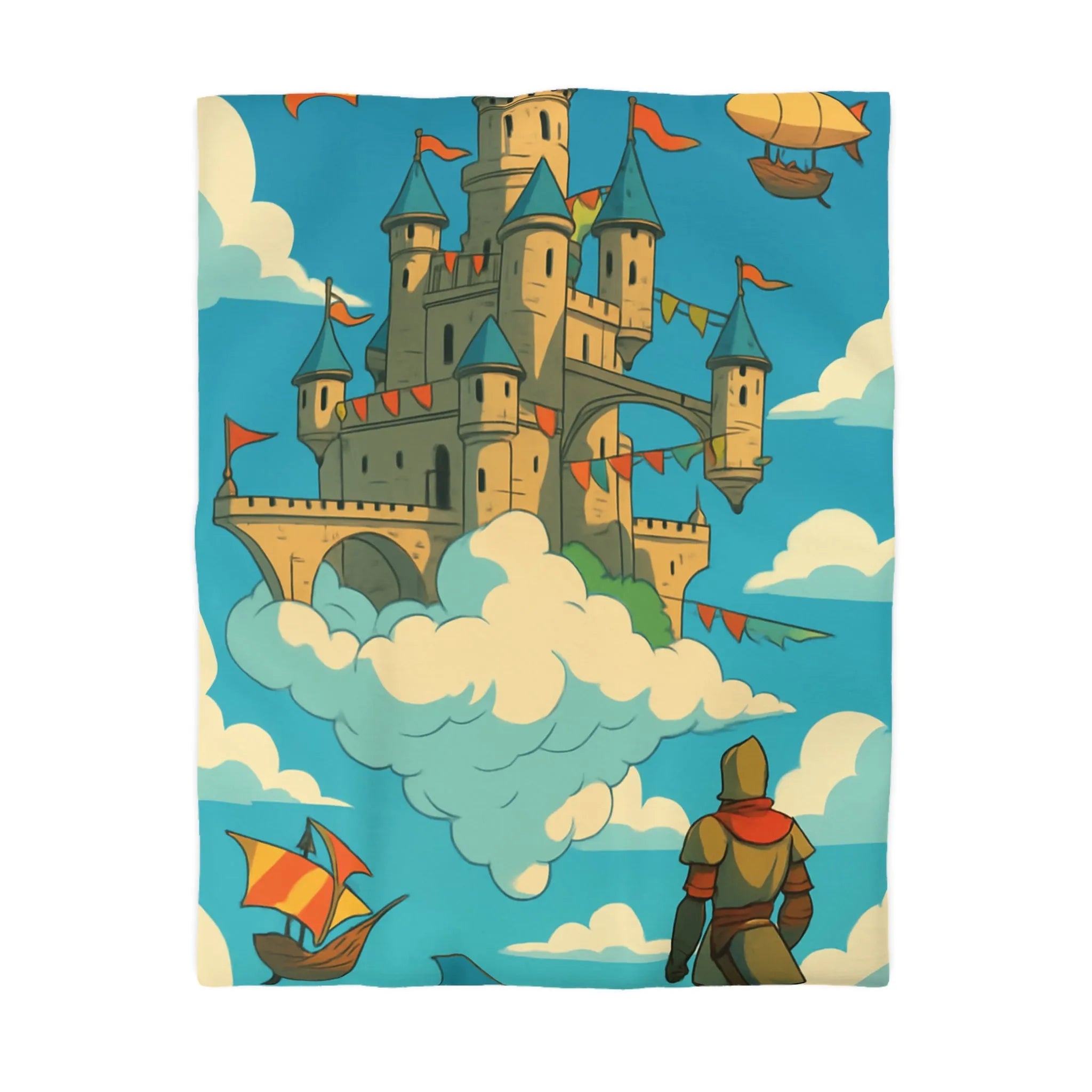 Housse de couette avec château flottant dans le ciel, style fantaisie aventure.