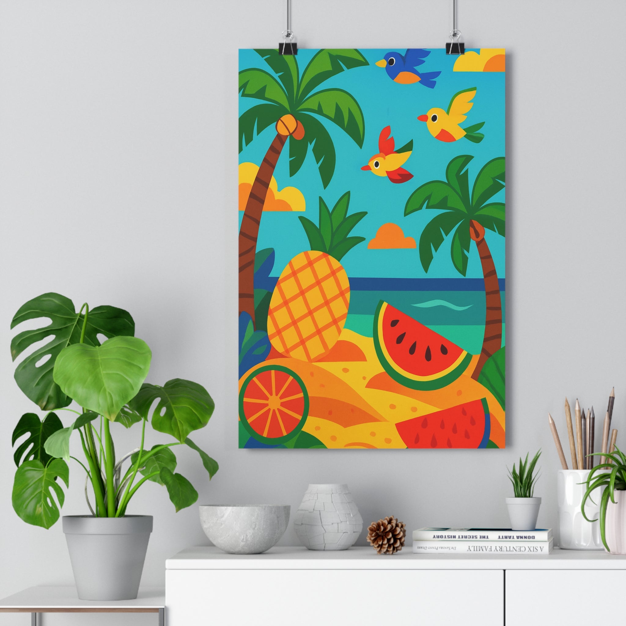 Poster décoratif tropical éclatant cartoon coloré joyeux palmiers fruits oiseaux salon chambre moderne qualité