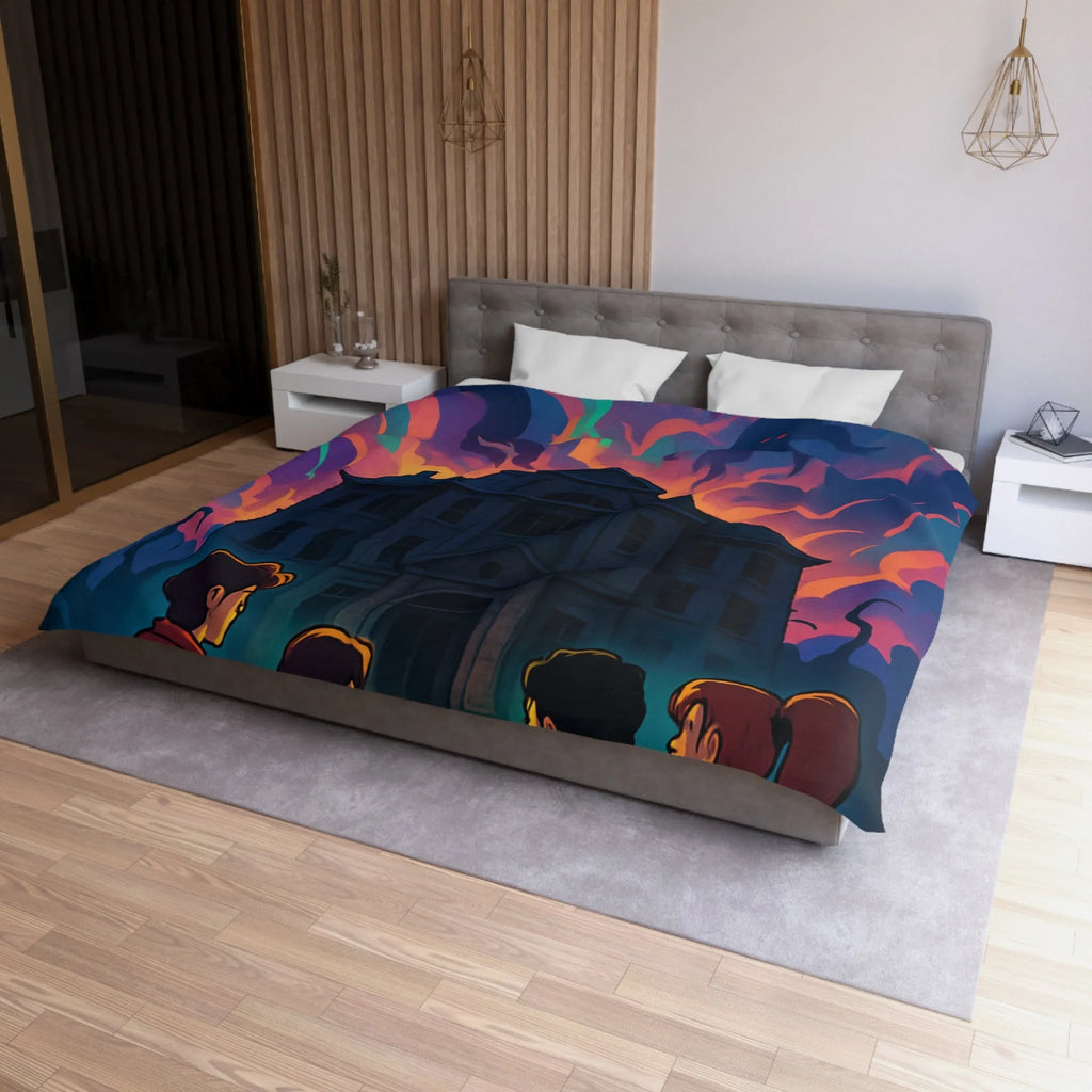 Housse de couette colorée avec maison hantée et nuages effrayants pour chambre inspirée