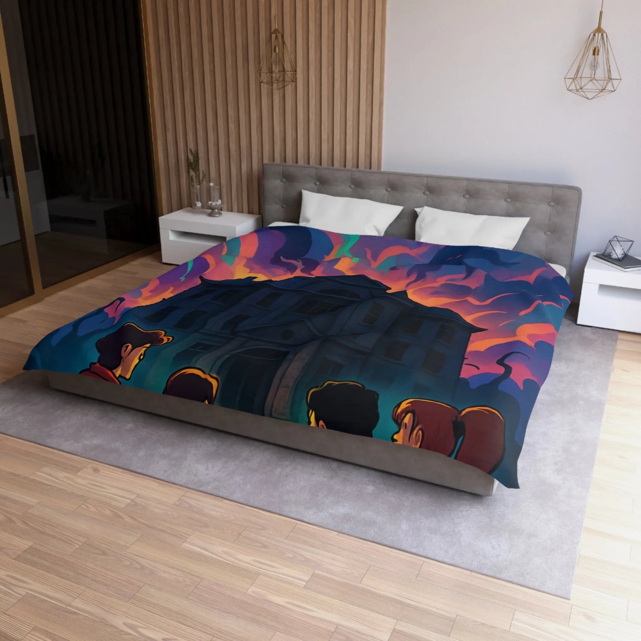 Housse de couette colorée avec maison hantée et nuages effrayants pour chambre inspirée