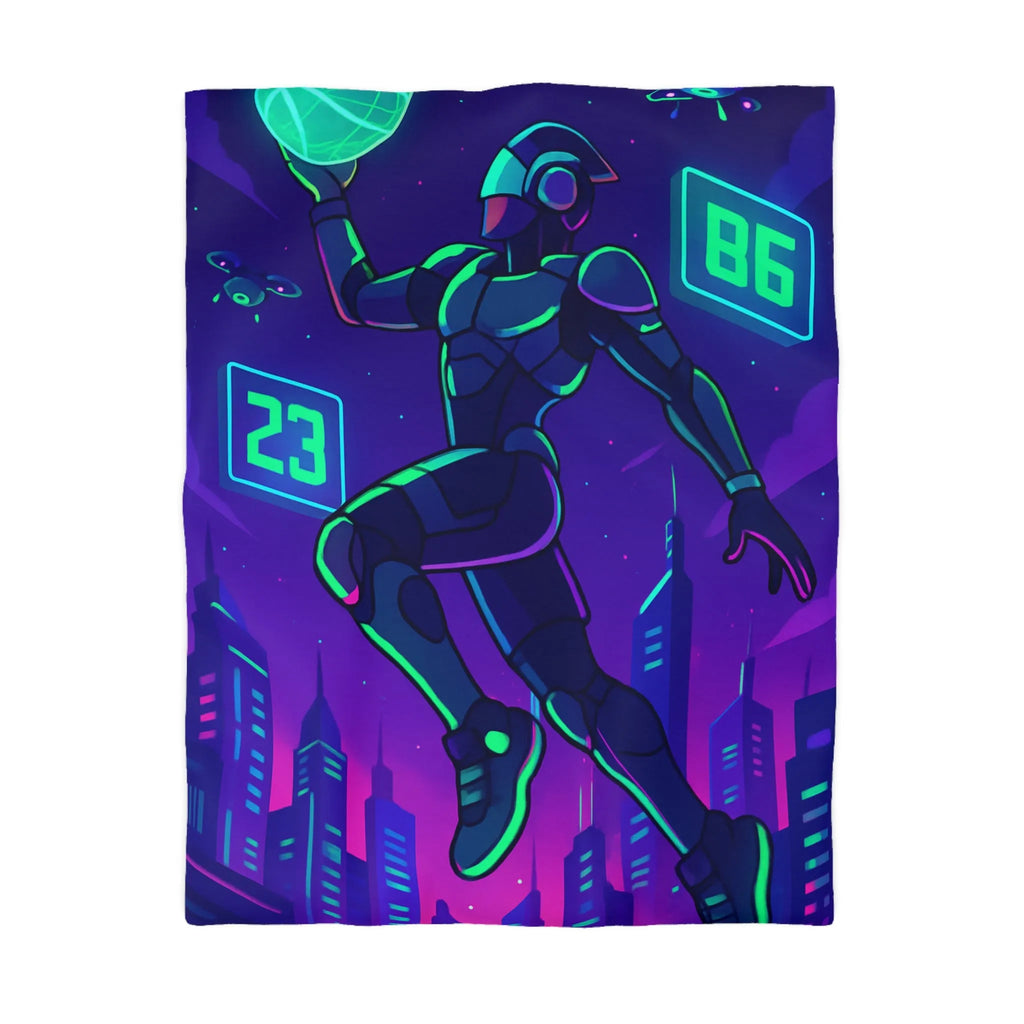 Housse de Couette Futuriste avec Robot Jouant au Basketball Lumineux dans Ville Néon