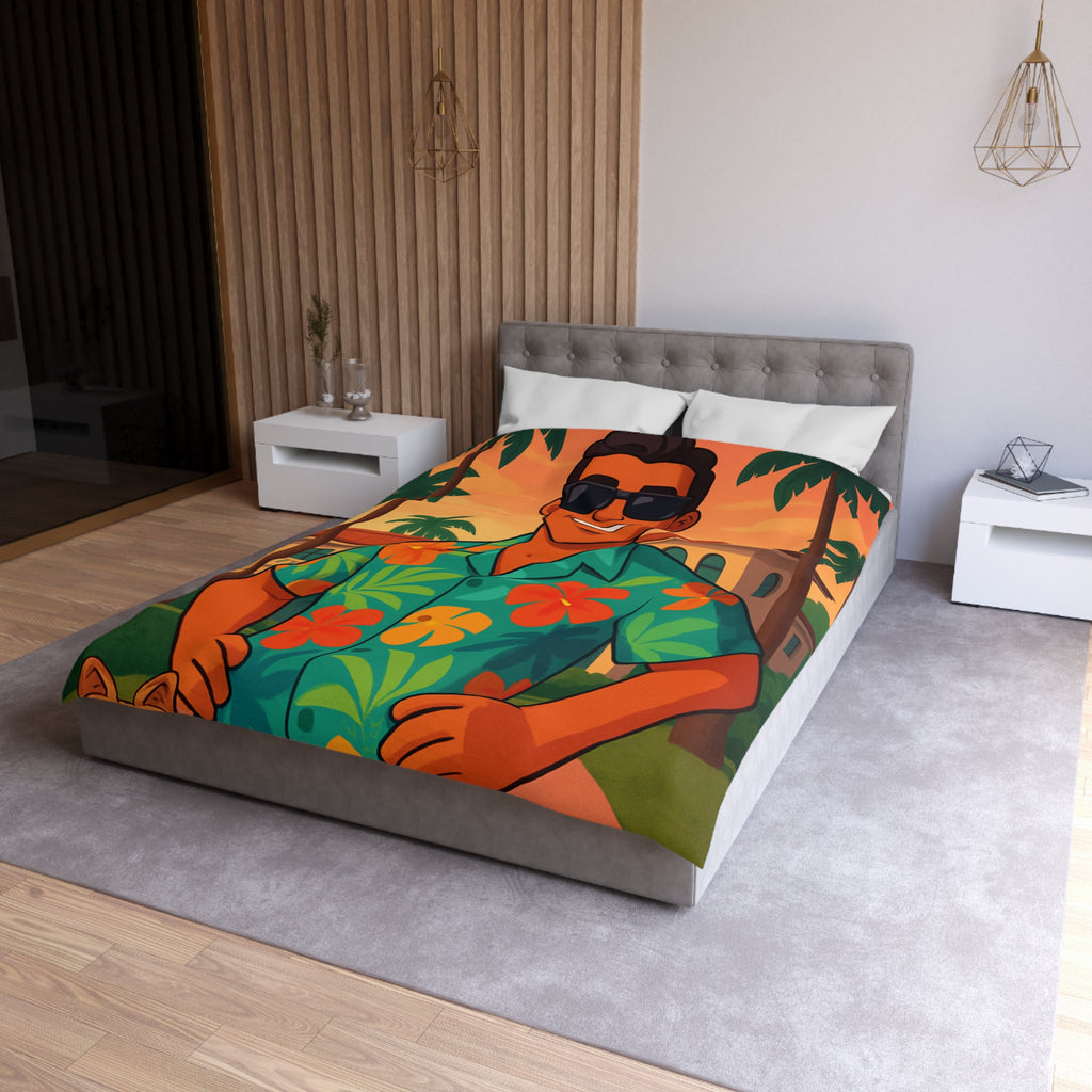 Housse de couette tropicale avec personnage souriant en chemise hawaïenne et palmiers