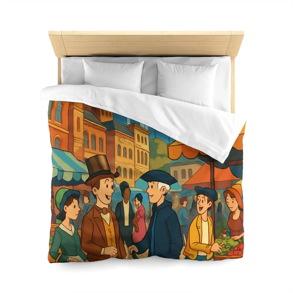 Housse de couette illustrée style rétro avec scène de marché urbain animé