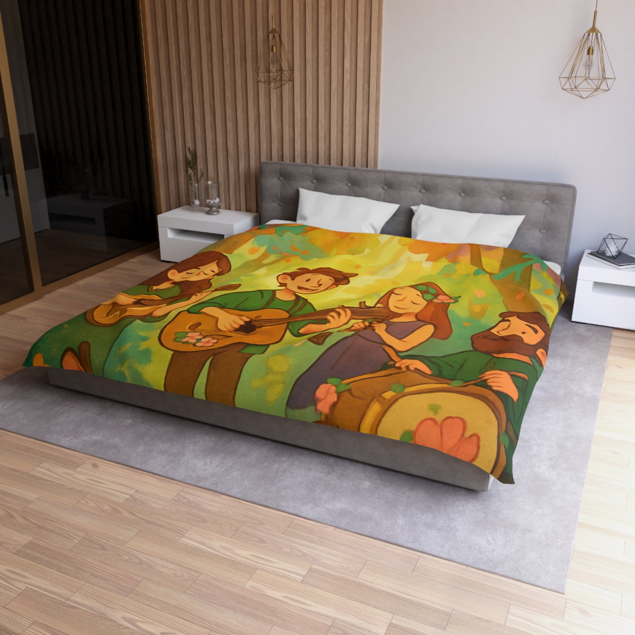 Housse de couette musicale enchantée forêt, animaux, motifs vibrants pour chambre féerique