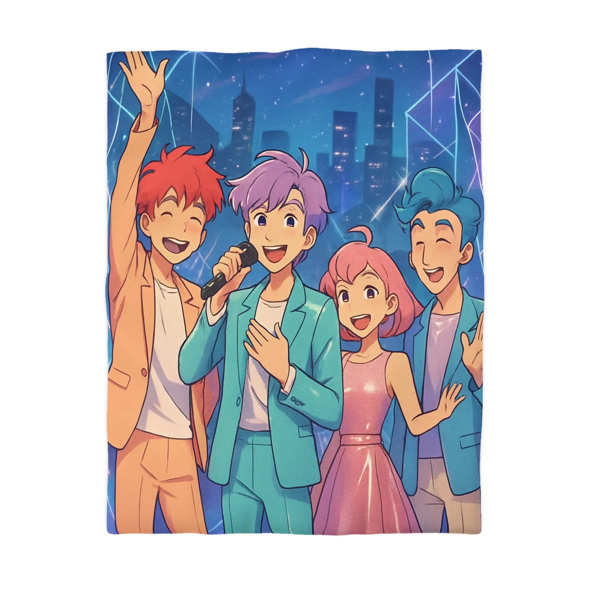 Housse de couette colorée avec personnages joyeux style anime devant une ville étoilée