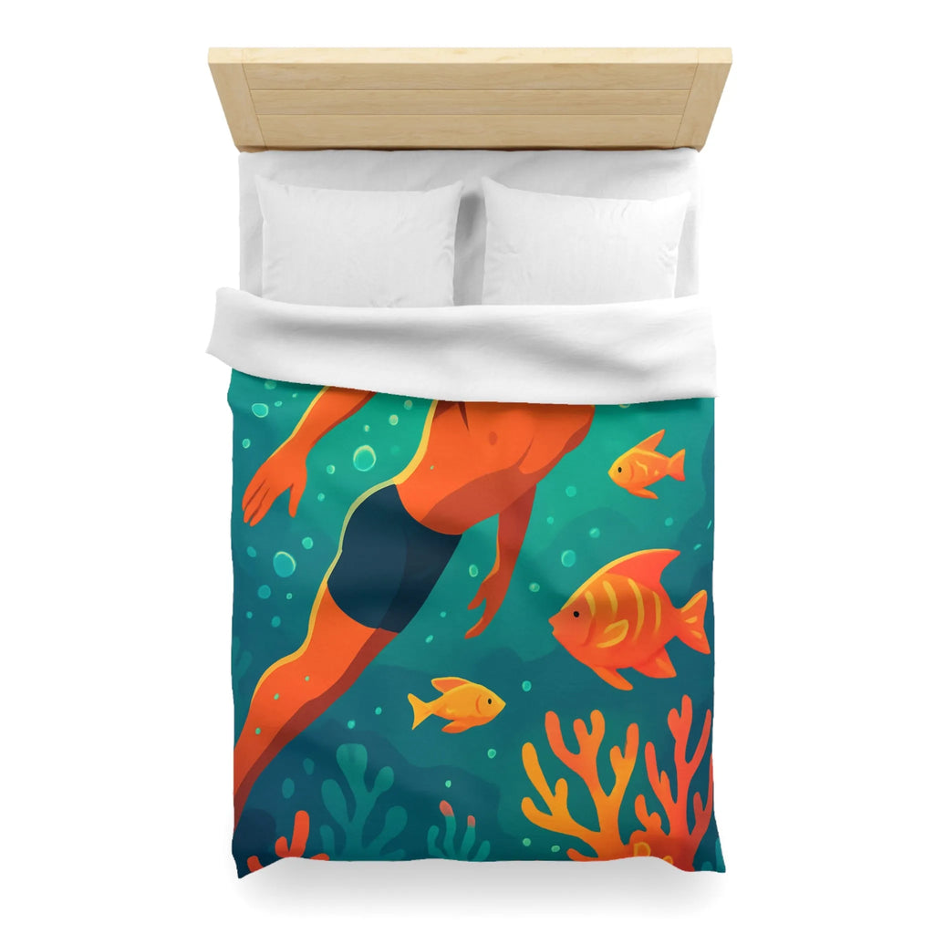 Housse de couette avec motif nageur et poissons tropicaux vifs pour chambre apaisante